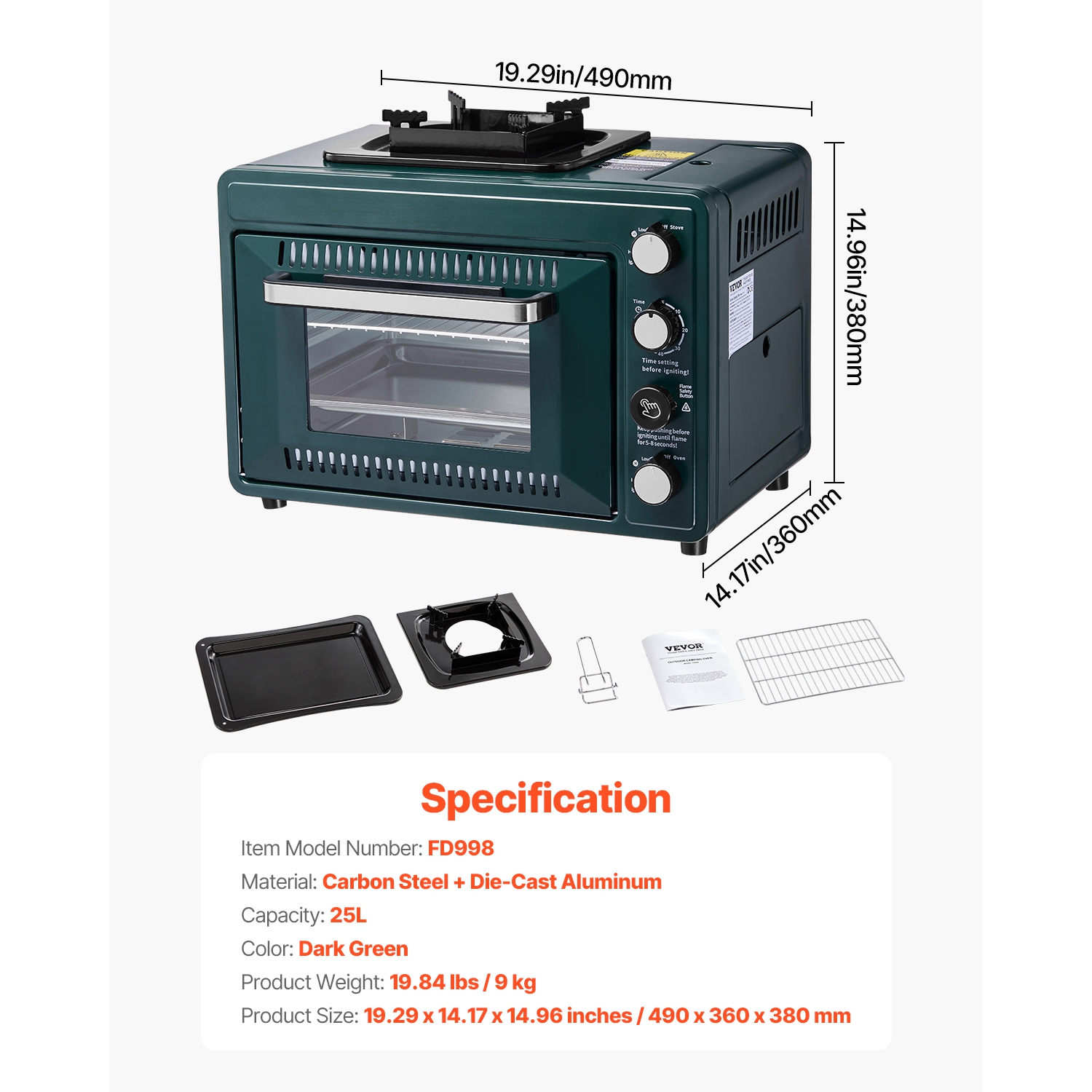 VEVOR 2-in-1 Outdoor Oven, Portable Gas Camping Stove Oven Combo, Adjustable Fire, 60-Minute Timer, Windproof, with Grill Shelf and Roasting Tray,