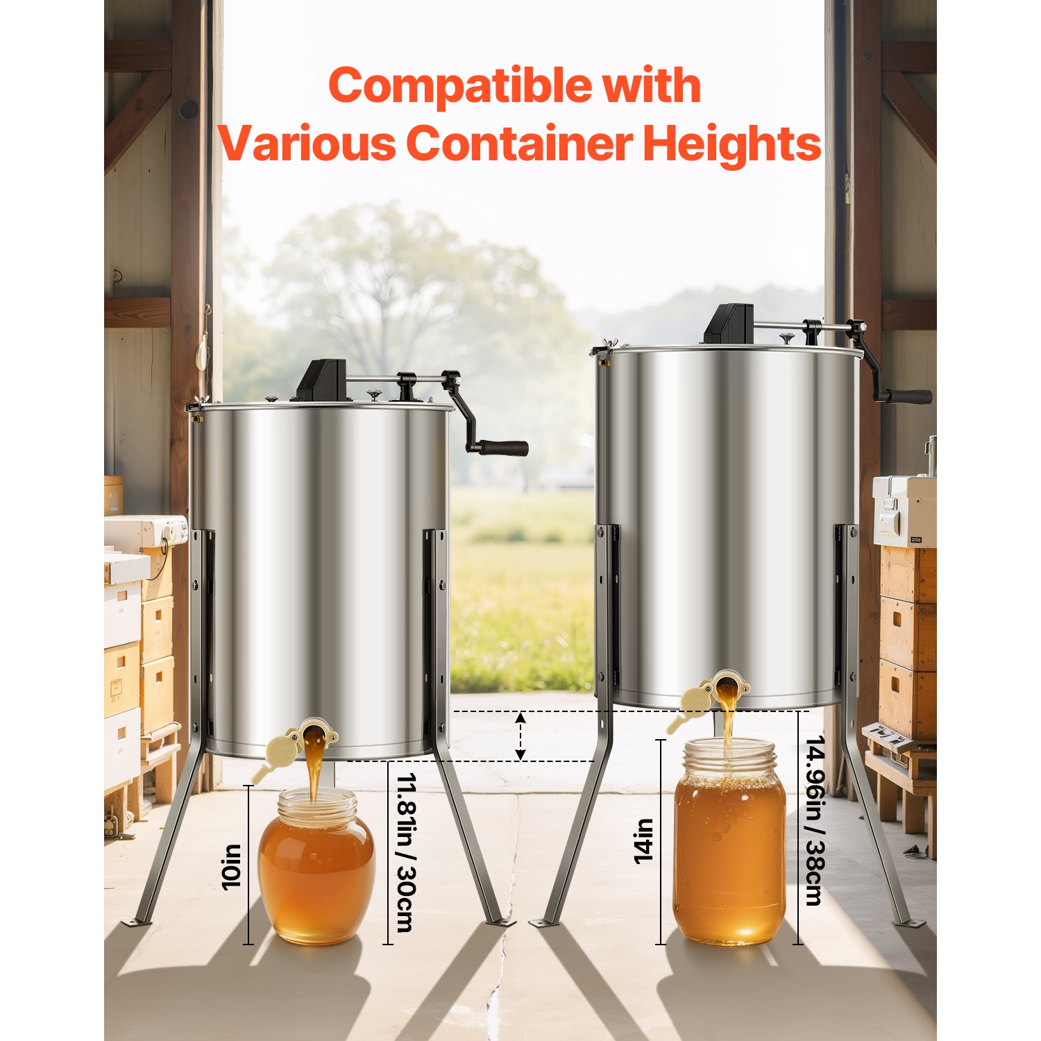 VEVOR 4/8 Frame Honey Extractor, Manual Honey Spinner with Transparent Lid, Stainless Steel Honeycomb Drum Spinner with Height Adjustable Stand,