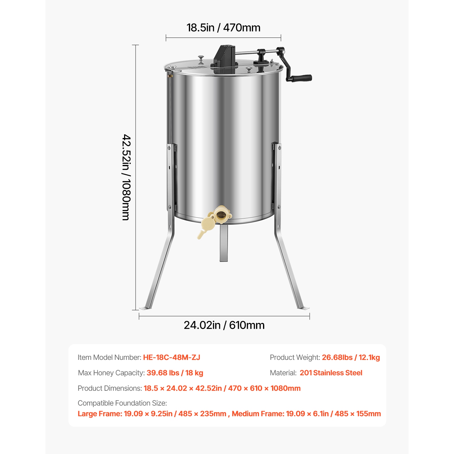 VEVOR 4/8 Frame Honey Extractor, Manual Honey Spinner with Transparent Lid, Stainless Steel Honeycomb Drum Spinner with Height Adjustable Stand,