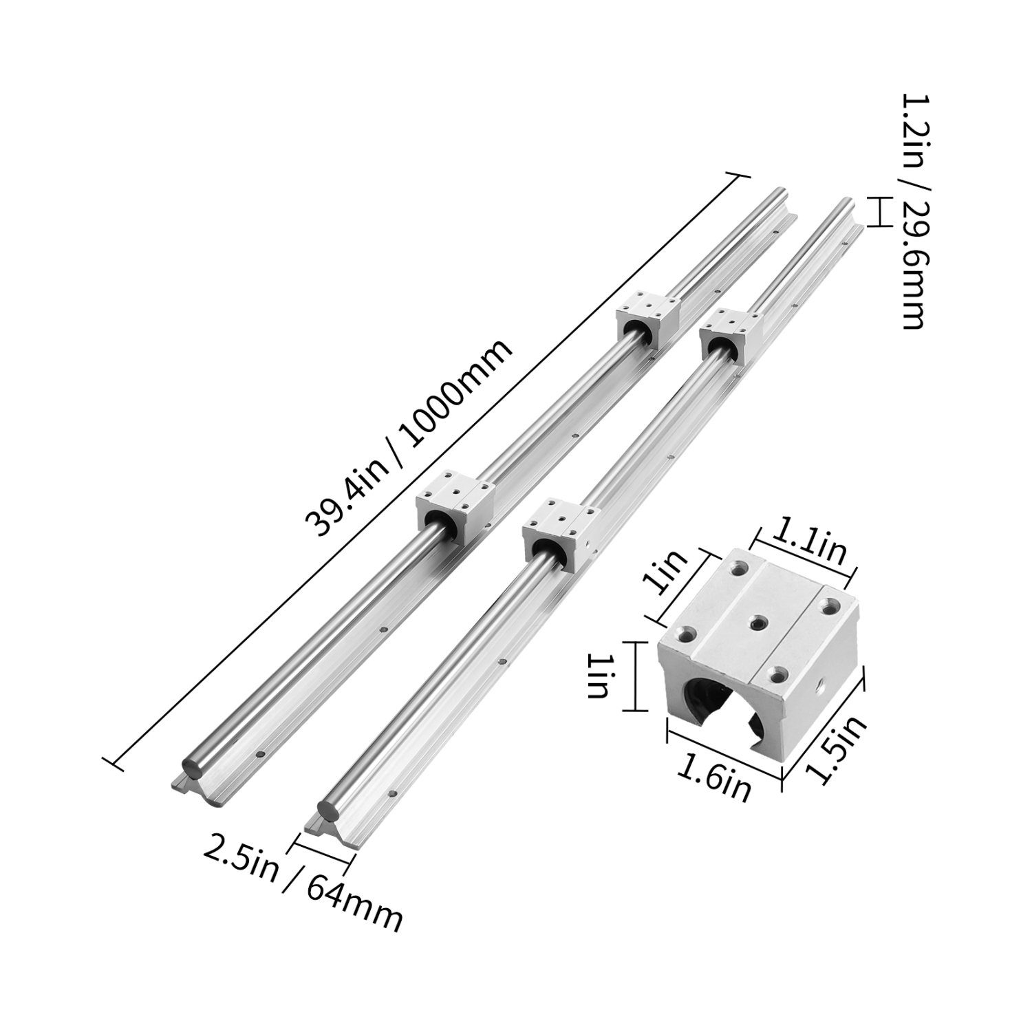 VEVOR SBR12 1000mm Linear Guide Rail Set, 2 PCS 39.4 in/1000 mm SBR12 Guide Rails and 4 PCS SBR12UU Slide Blocks, Linear Rails and Bearings Kit for