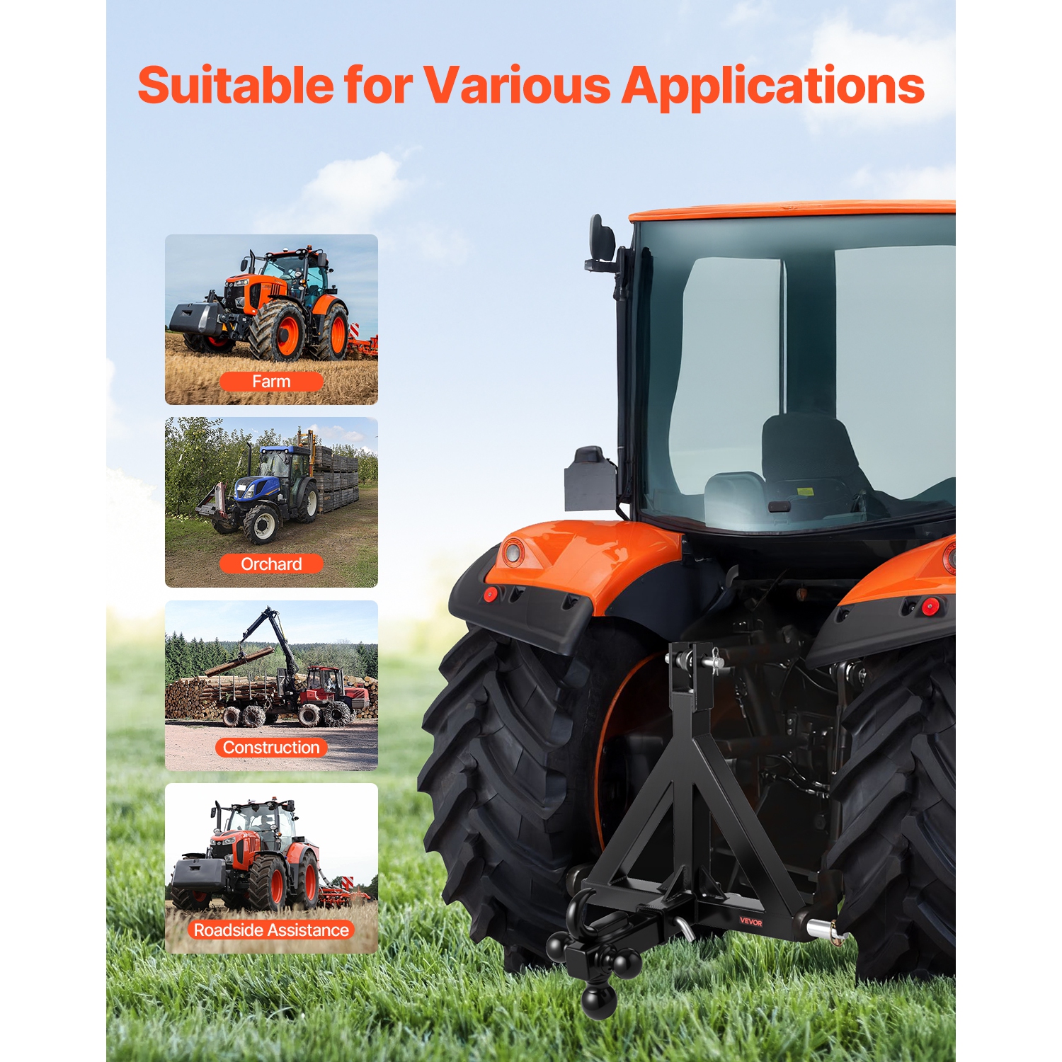 Attelage de remorque VEVOR à 3 points de 2&nbsp;po, attelage rapide 3&nbsp;pt avec 3 boules de remorque, adaptateur de barre d'attelage de tracteur,