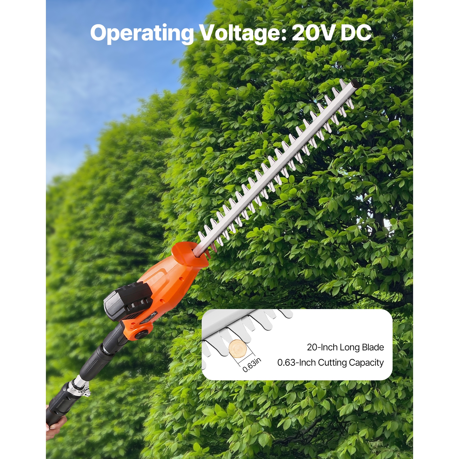 VEVOR 1200 RPM Electric Hedge Trimmer, 6.2 - 7.8 Ft Extendable, Pole Hedge Trimmer for High Branch, 20V Battery, Cordless Hedge Trimmer with 20 in