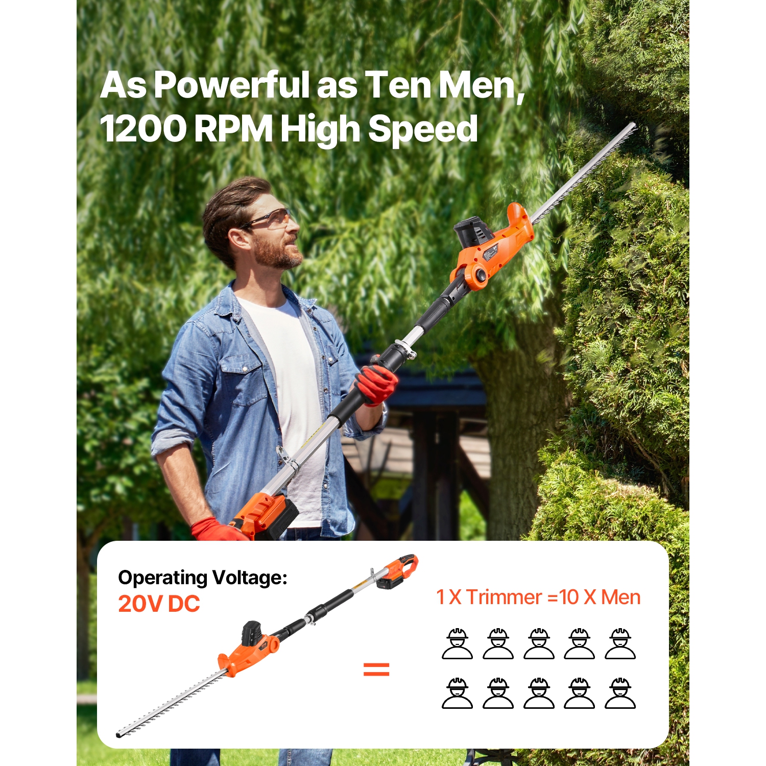 VEVOR 1200 RPM Electric Hedge Trimmer, 6.2 - 7.8 Ft Extendable, Pole Hedge Trimmer for High Branch, 20V Battery, Cordless Hedge Trimmer with 20 in