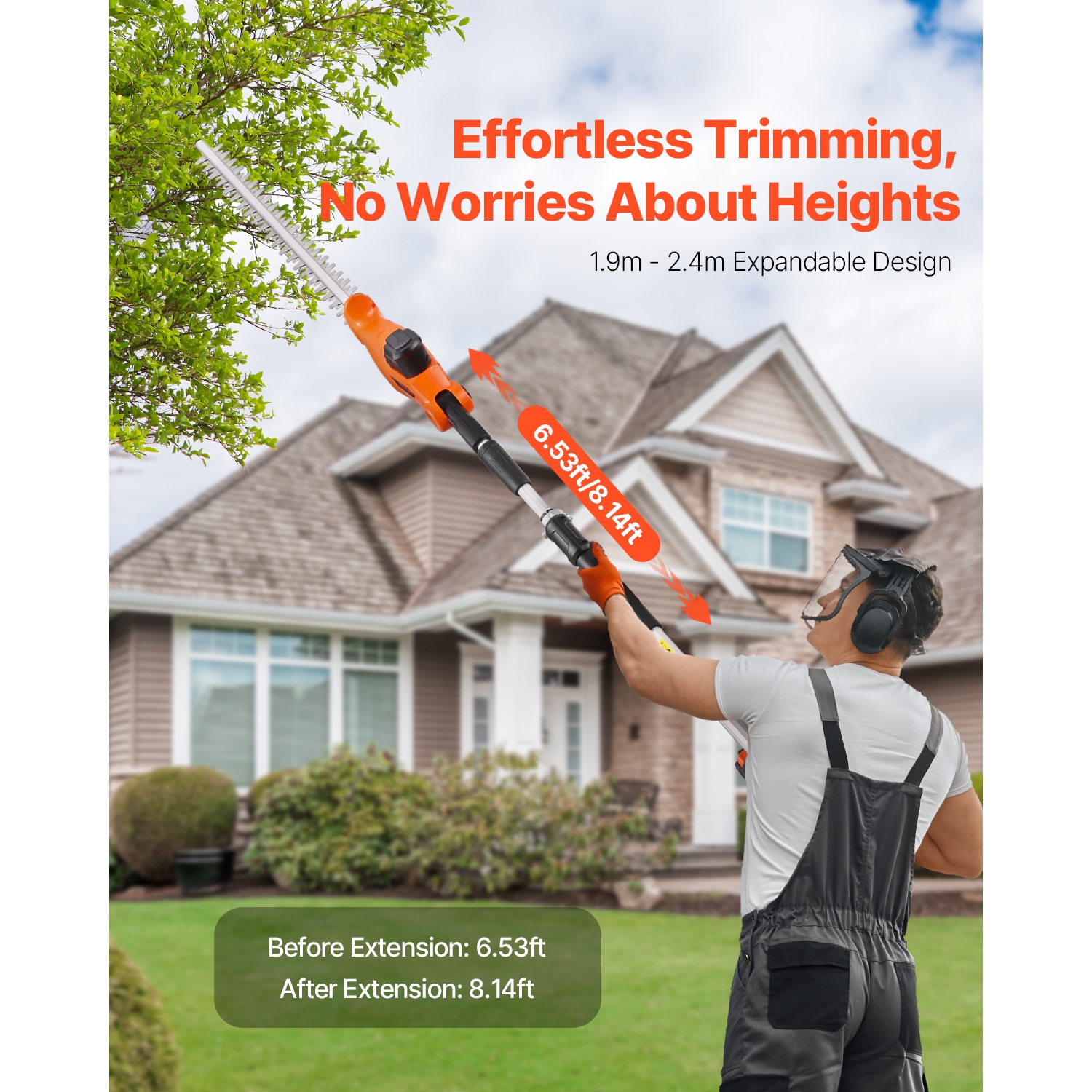 VEVOR 1200 RPM Electric Hedge Trimmer, 6.2 - 7.8 Ft Extendable, Pole Hedge Trimmer for High Branch, 20V Battery, Cordless Hedge Trimmer with 20 in