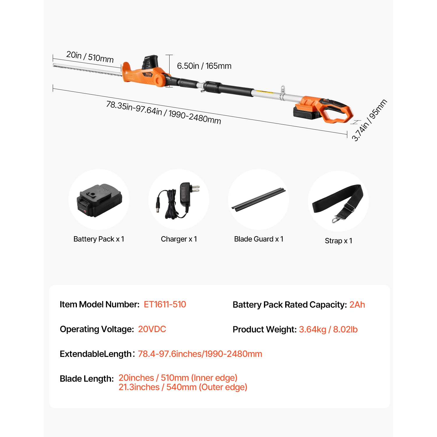 VEVOR 1200 RPM Electric Hedge Trimmer, 6.2 - 7.8 Ft Extendable, Pole Hedge Trimmer for High Branch, 20V Battery, Cordless Hedge Trimmer with 20 in