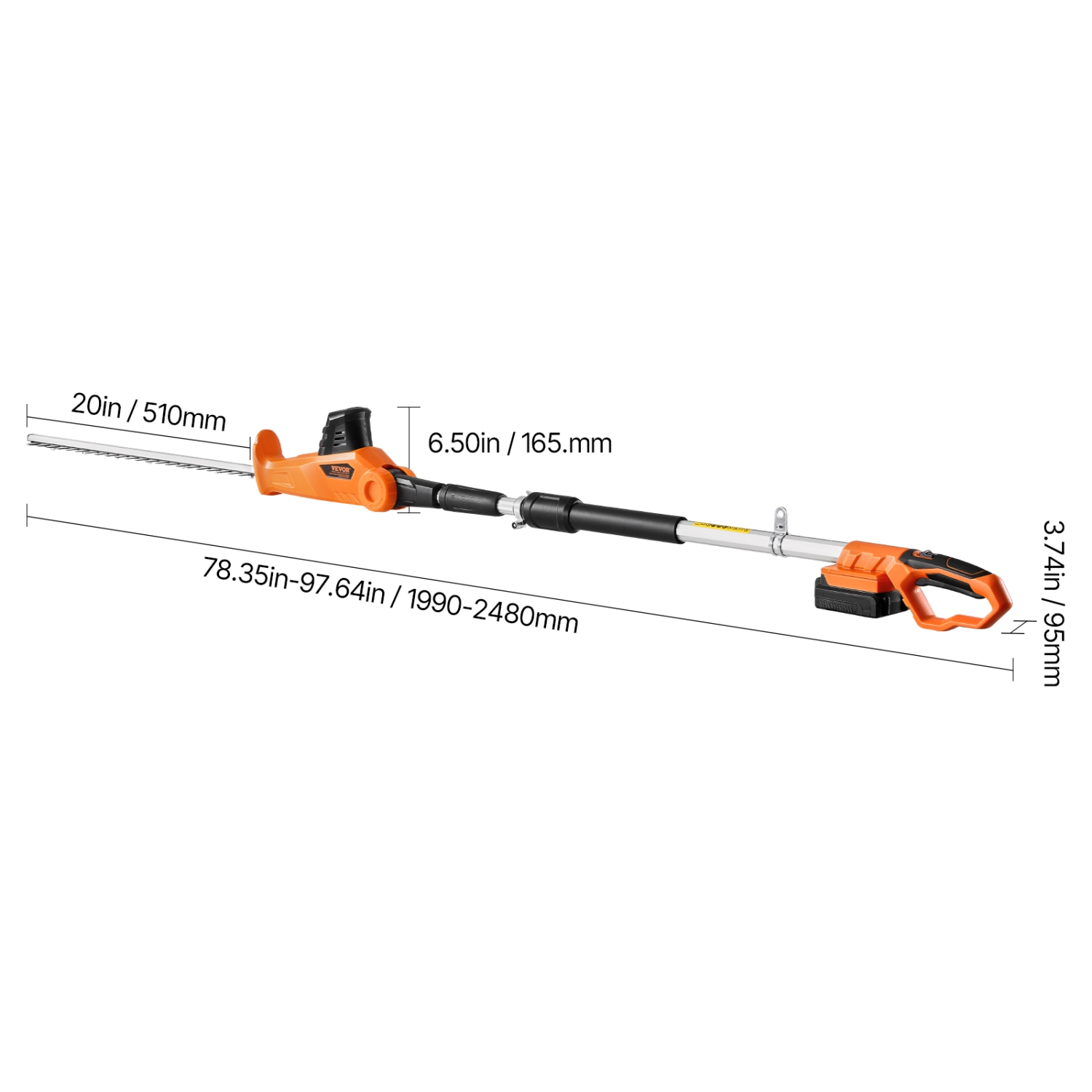VEVOR 1200 RPM Electric Hedge Trimmer, 6.2 - 7.8 Ft Extendable, Pole Hedge Trimmer for High Branch, 20V Battery, Cordless Hedge Trimmer with 20 in