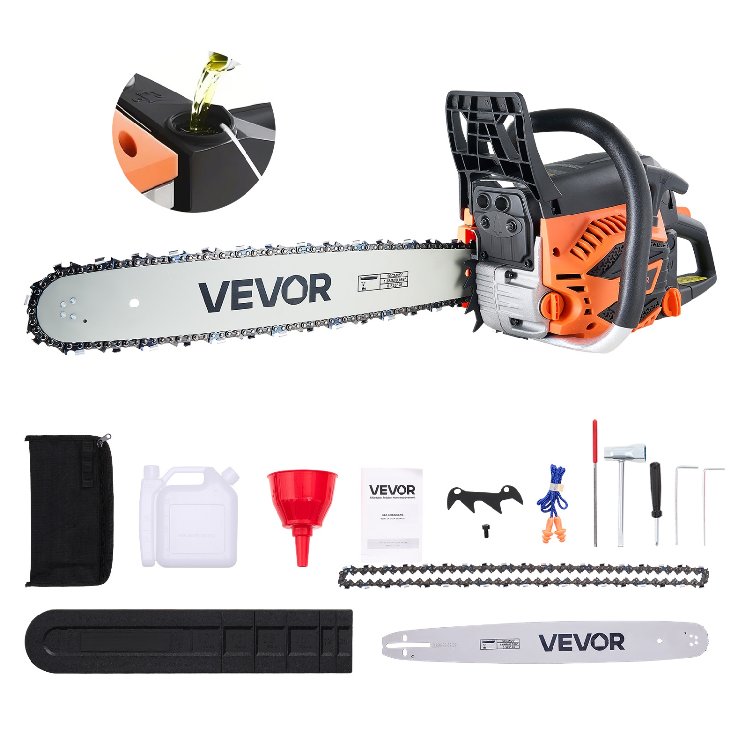 VEVOR 62 cc Gas Chainsaw, 20 inch Gas Powered Chainsaw, 3.8 HP Power Chain Saw with Non-Slip Handle, Gas-Powered Chainsaws with Dual Fuel Tanks, For