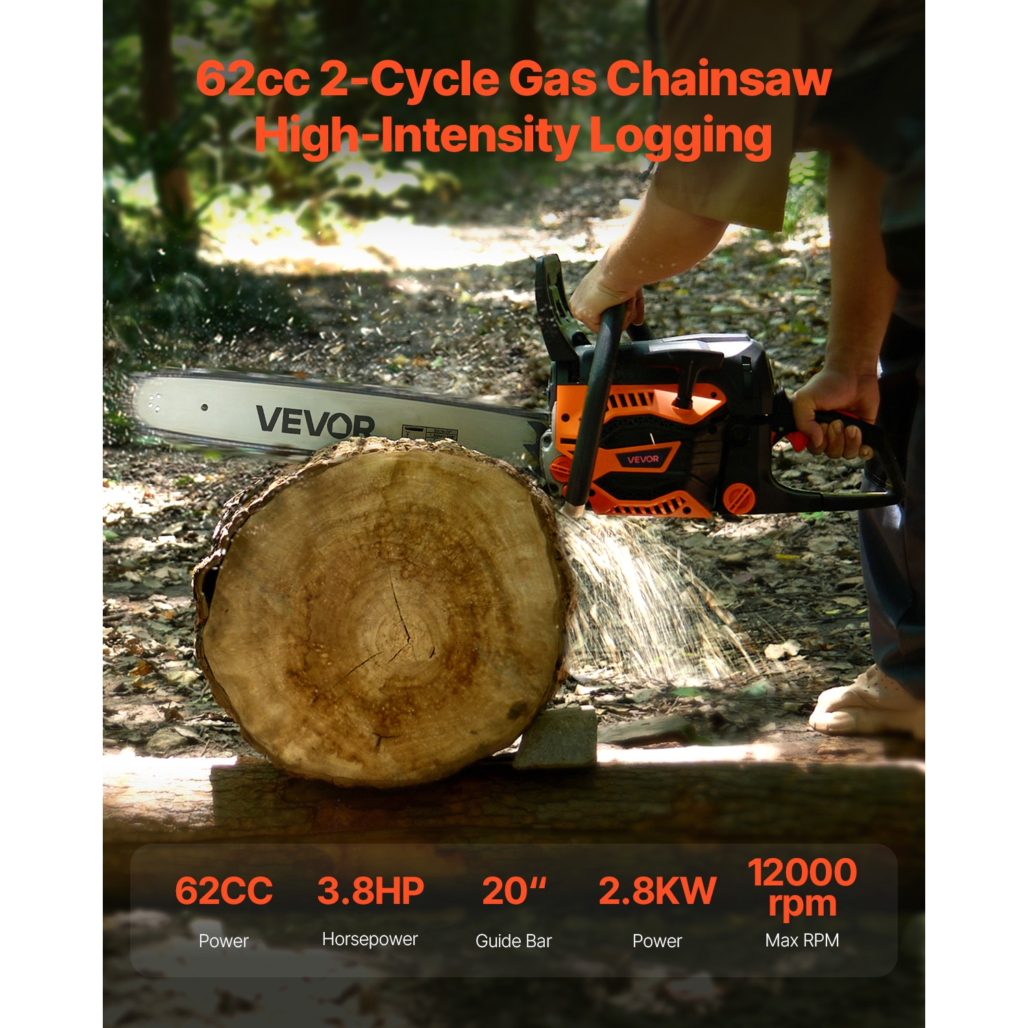 VEVOR 62 cc Gas Chainsaw, 20 inch Gas Powered Chainsaw, 3.8 HP Power Chain Saw with Non-Slip Handle, Gas-Powered Chainsaws with Dual Fuel Tanks, For