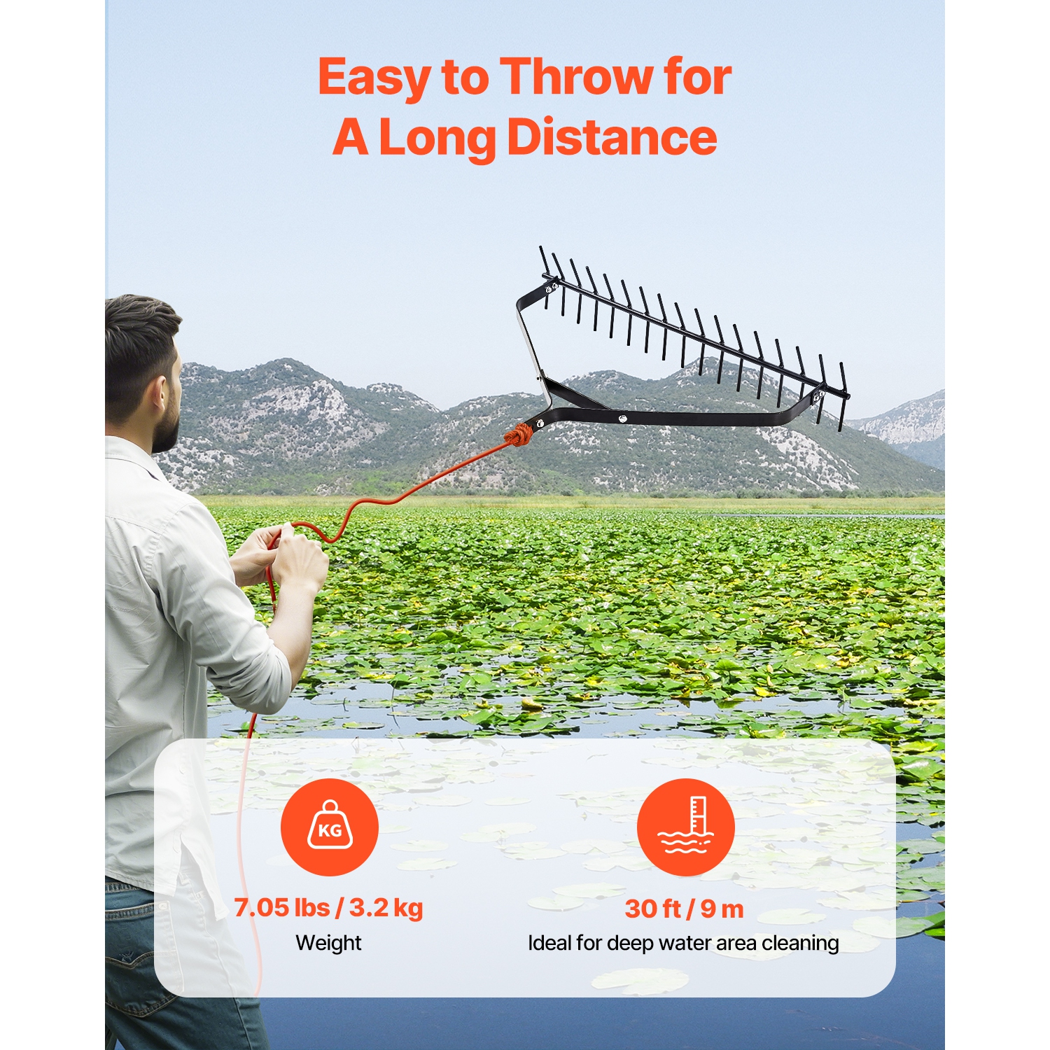 VEVOR 32 in Aquatic Weed Rake, 6.3 in Double Sided Lake Weed Rake, Lightweight Pond Weeds Cutter with 30ft Rope, No Assembly Required, Muck Lilypad