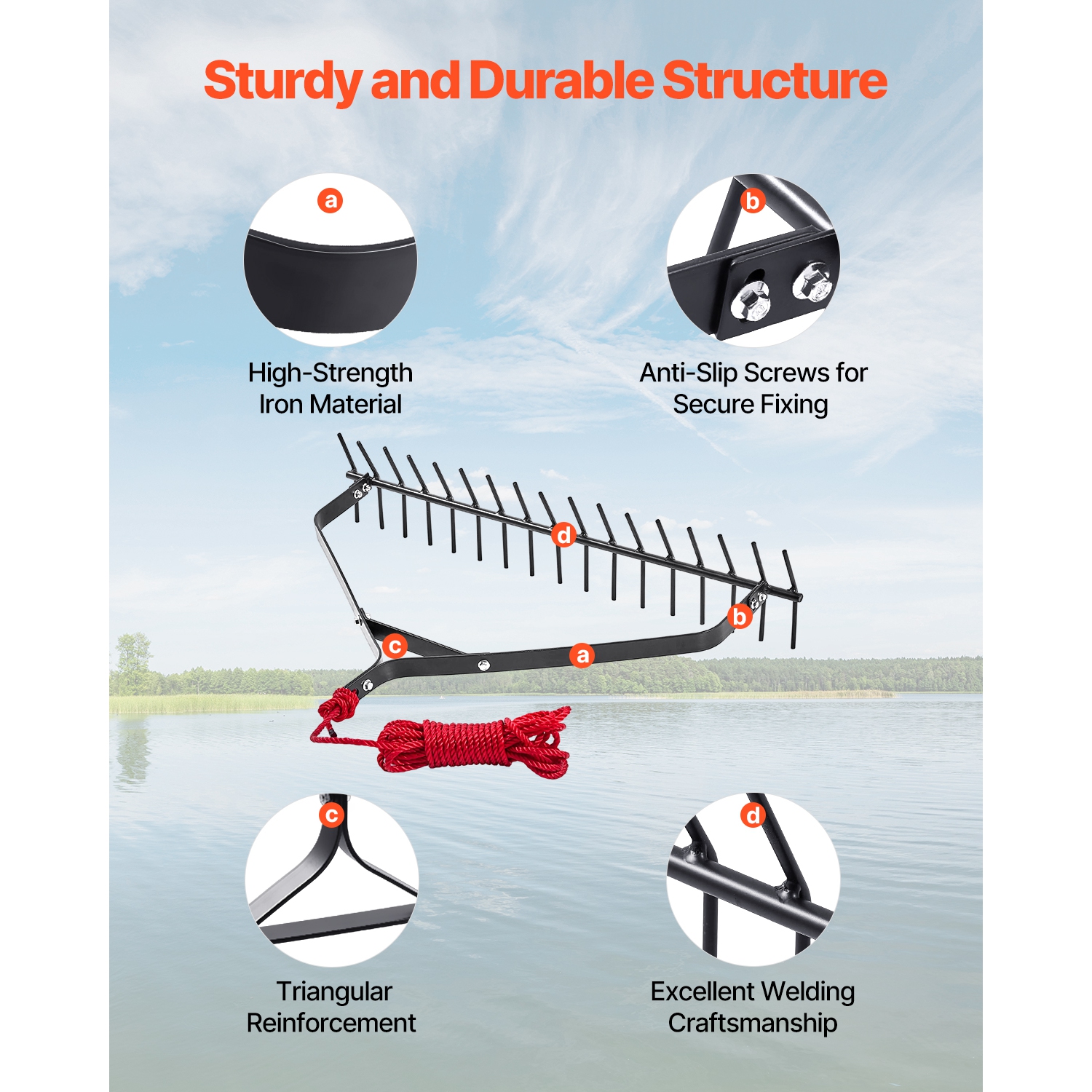 VEVOR 32 in Aquatic Weed Rake, 6.3 in Double Sided Lake Weed Rake, Lightweight Pond Weeds Cutter with 30ft Rope, No Assembly Required, Muck Lilypad