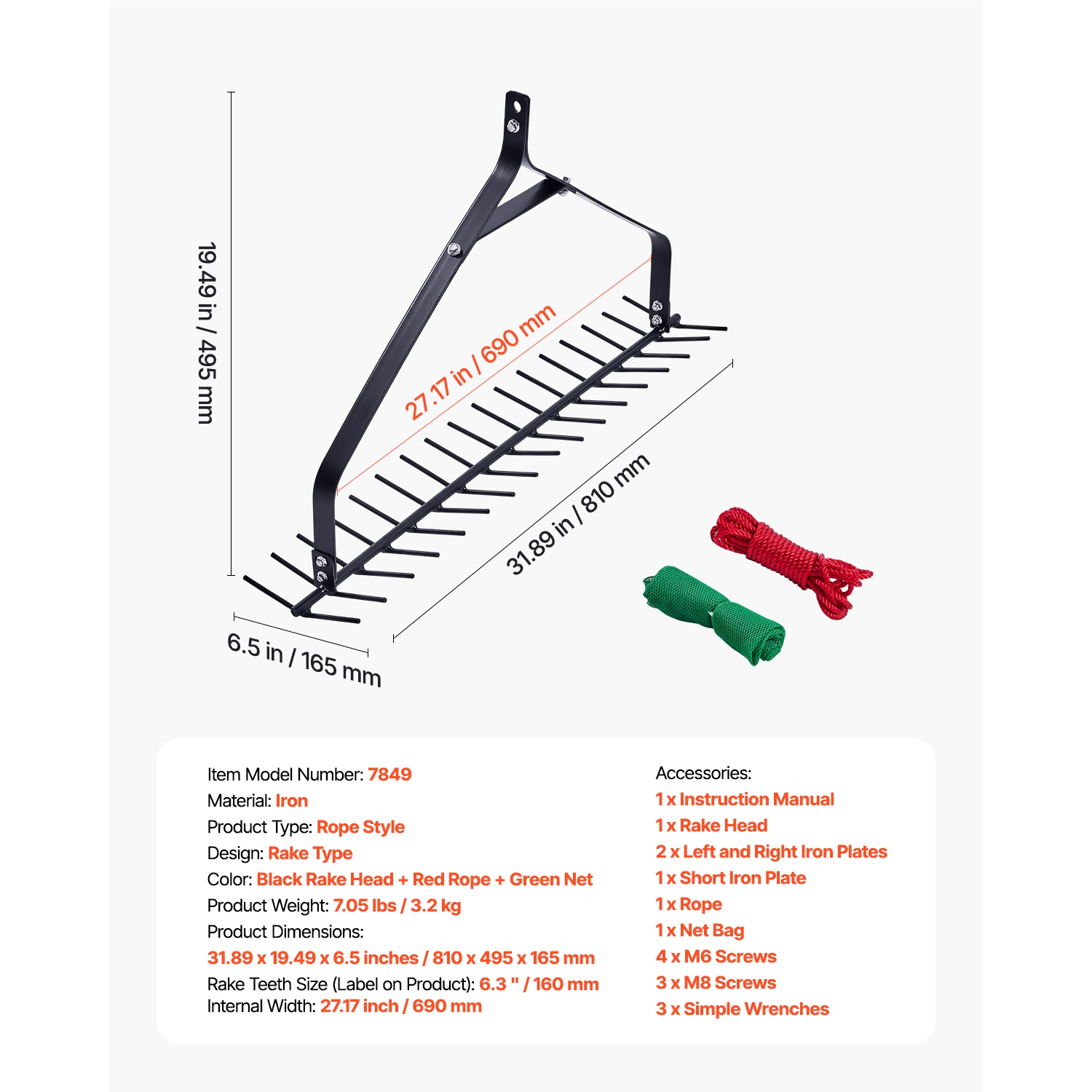 VEVOR 32 in Aquatic Weed Rake, 6.3 in Double Sided Lake Weed Rake, Lightweight Pond Weeds Cutter with 30ft Rope, No Assembly Required, Muck Lilypad