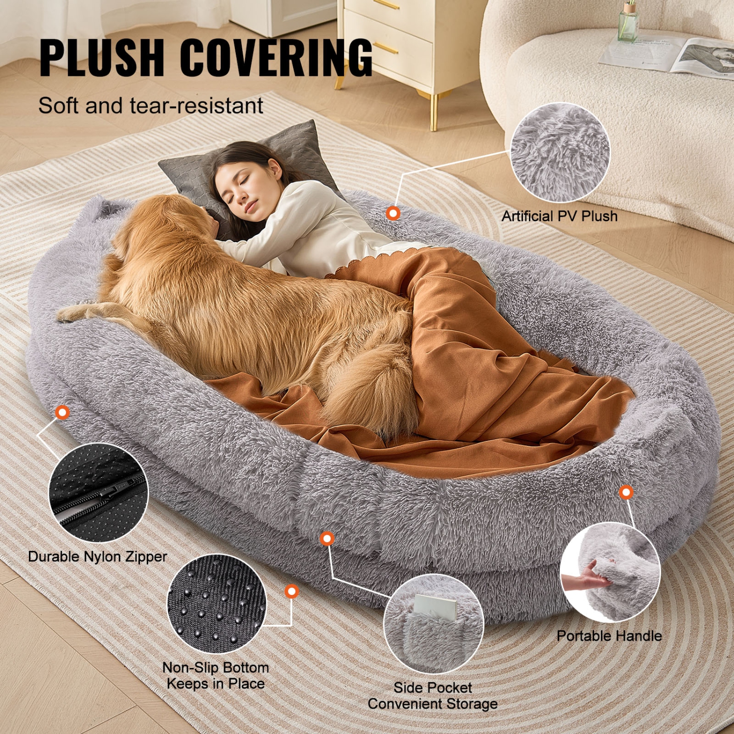 VEVOR 72" x48"x10" Human Dog Bed, Giant Dog Bed for Adult, Human Size Dog Bed with Washable PV Velvet Cover, Egg Orthopedic Foam, Storage Pocket, for
