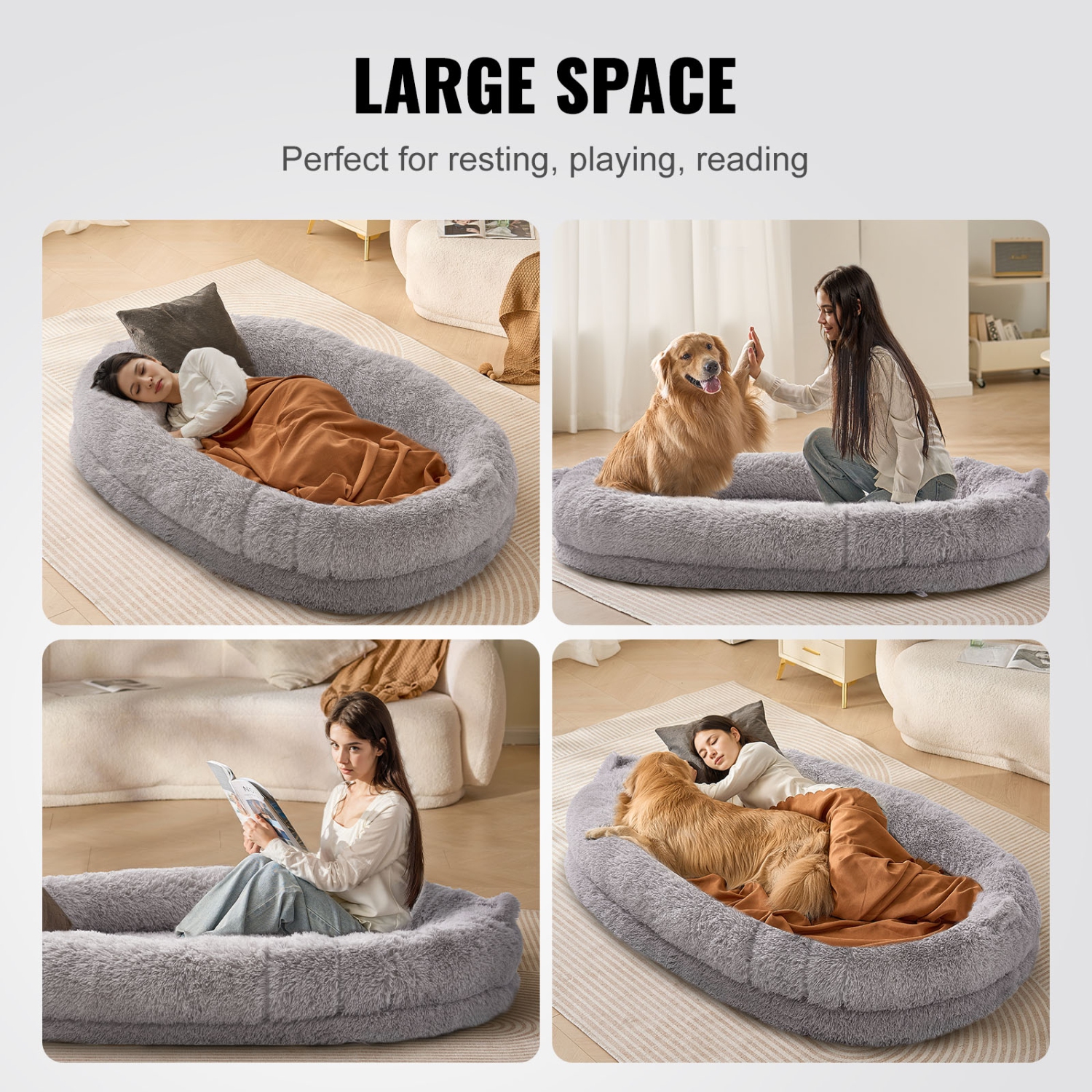 VEVOR 72" x48"x10" Human Dog Bed, Giant Dog Bed for Adult, Human Size Dog Bed with Washable PV Velvet Cover, Egg Orthopedic Foam, Storage Pocket, for