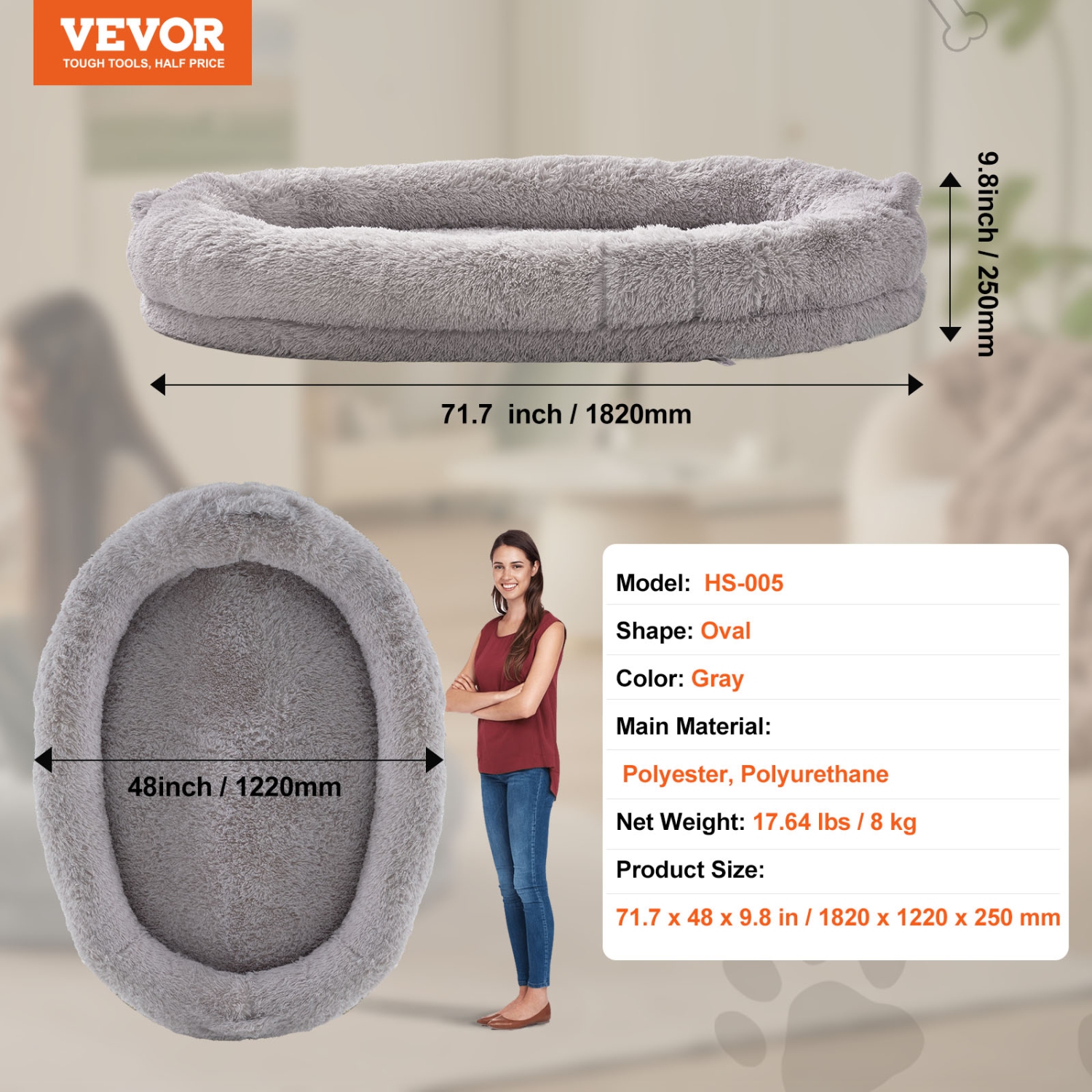 VEVOR 72" x48"x10" Human Dog Bed, Giant Dog Bed for Adult, Human Size Dog Bed with Washable PV Velvet Cover, Egg Orthopedic Foam, Storage Pocket, for