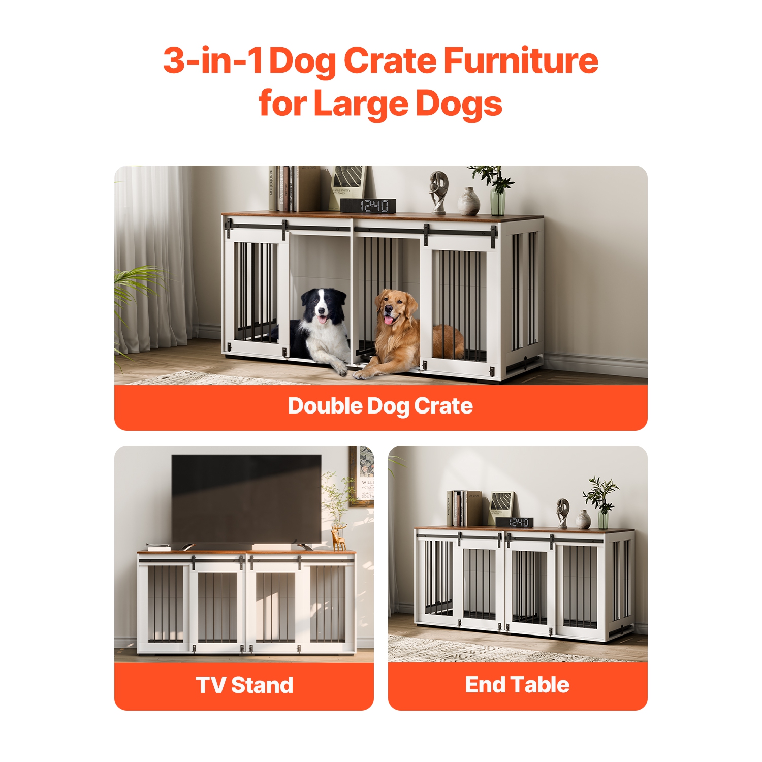 VEVOR 72" Dog Crate Furniture for 2 Dogs, Double Dog Crate Furniture with Double Sliding Doors, Large Dog Crate TV Stand with Removable Tray, Steel