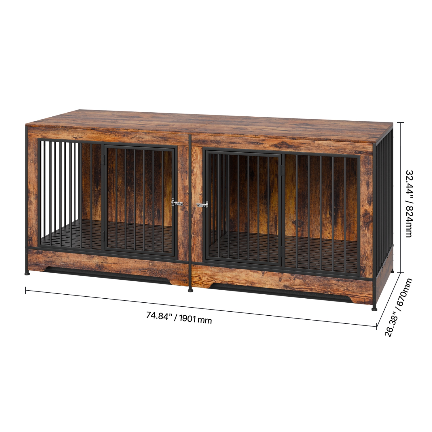 VEVOR 75" Dog Crate Furniture for 2 Dogs, Extra Large Double Dog Crate Furniture Large Breed with Divider & Double Doors, Large Wooden Dog Crate
