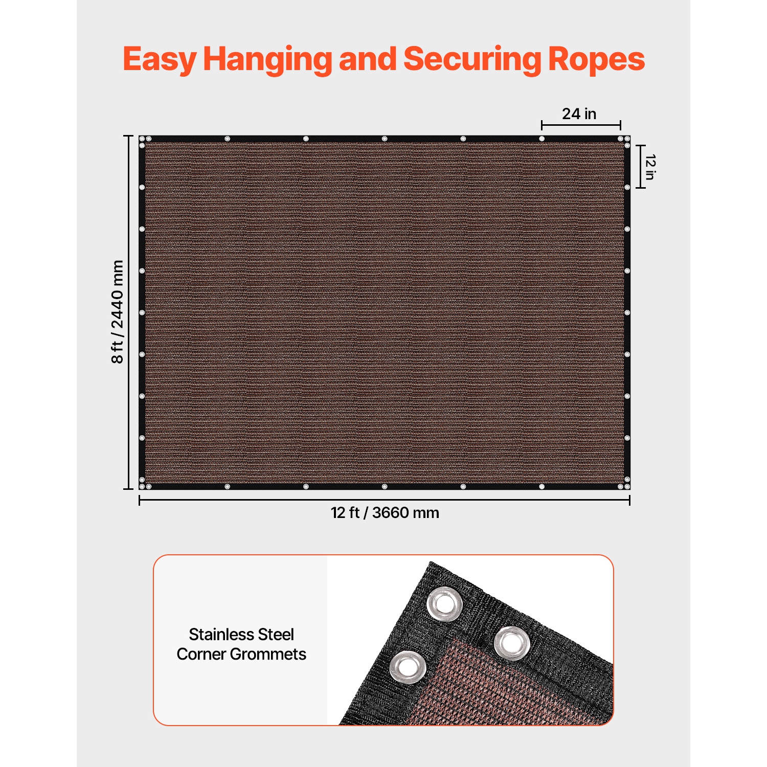 VEVOR 90% Sun Shade Cloth, 8 x 12 ft Pergola Shade Cover with Stainless Steel Grommets, Sun Shades Canopy Privacy Screen with 140 GSM HDPE Material,