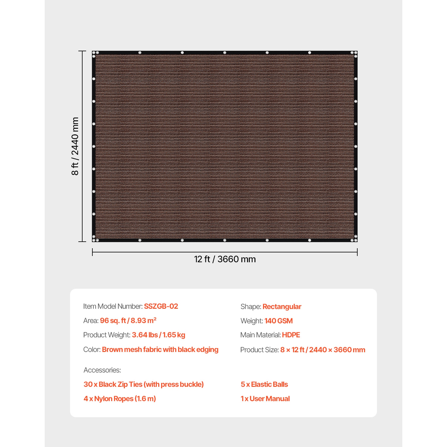 VEVOR 90% Sun Shade Cloth, 8 x 12 ft Pergola Shade Cover with Stainless Steel Grommets, Sun Shades Canopy Privacy Screen with 140 GSM HDPE Material,