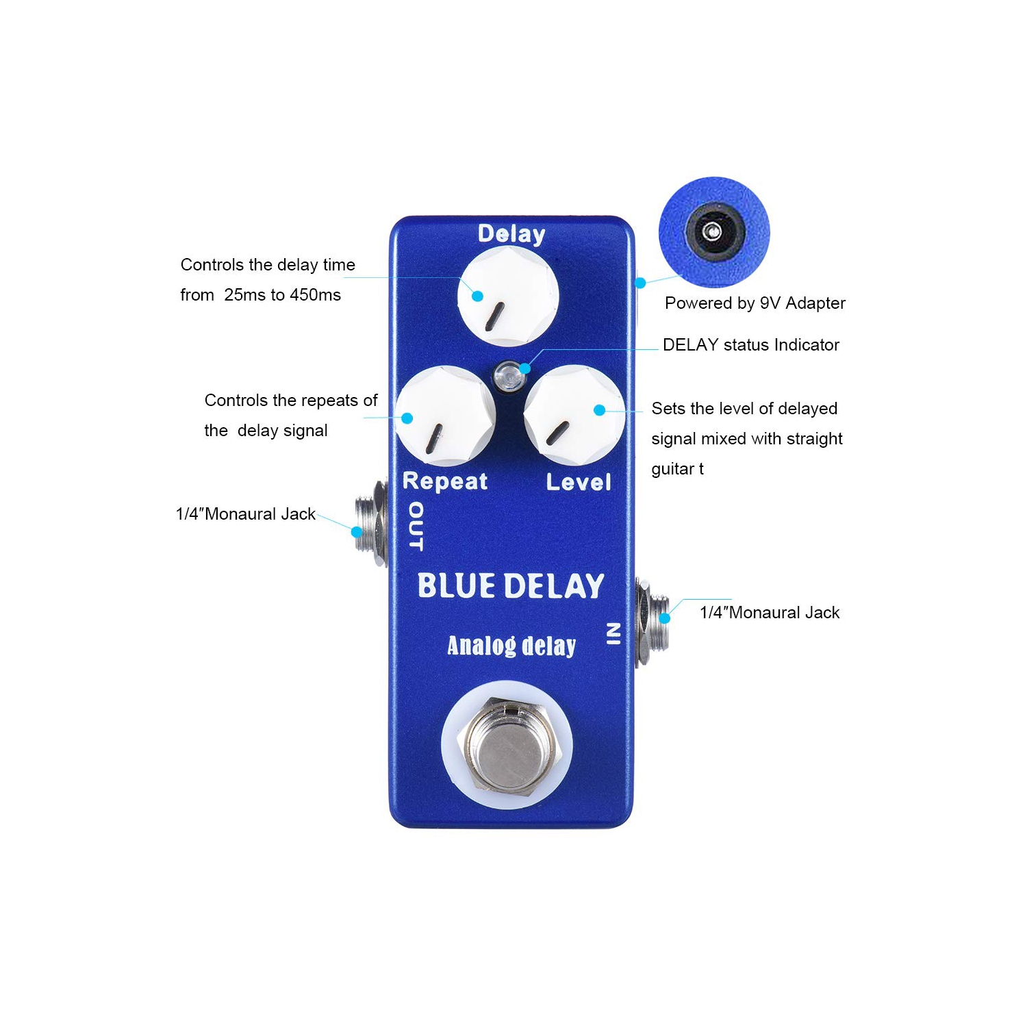 Pure analog delay guitar effects - 25-450ms adjustable, three-knob control, true bypass design
