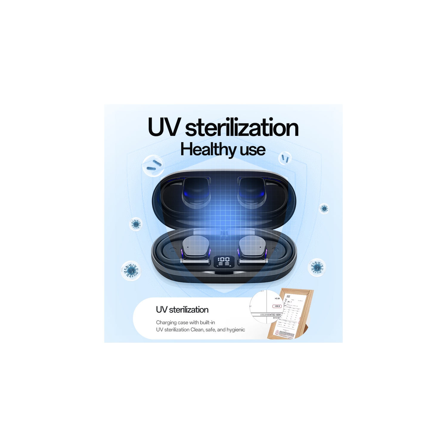 Casque d'écoute portatif AI Translation, oreillette Bluetooth avec crochet auriculaire et étui de recharge UV pour les voyages et les affaires