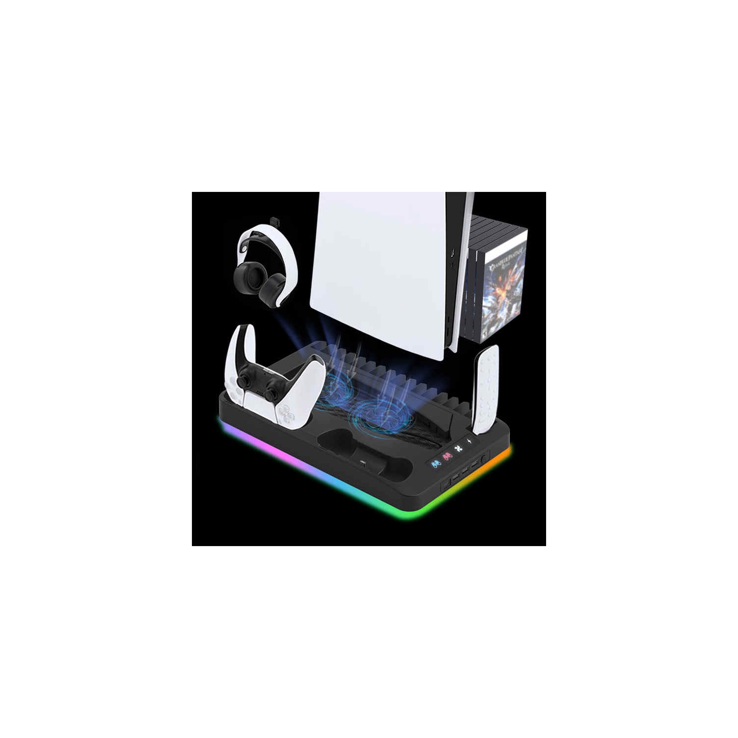 PS5 +slim Universal Cooling Base PS5 Controller Charging Stand Cooler Game Disc Headphone Storage Rack, Ultra-thin Console with RGB Lights - White