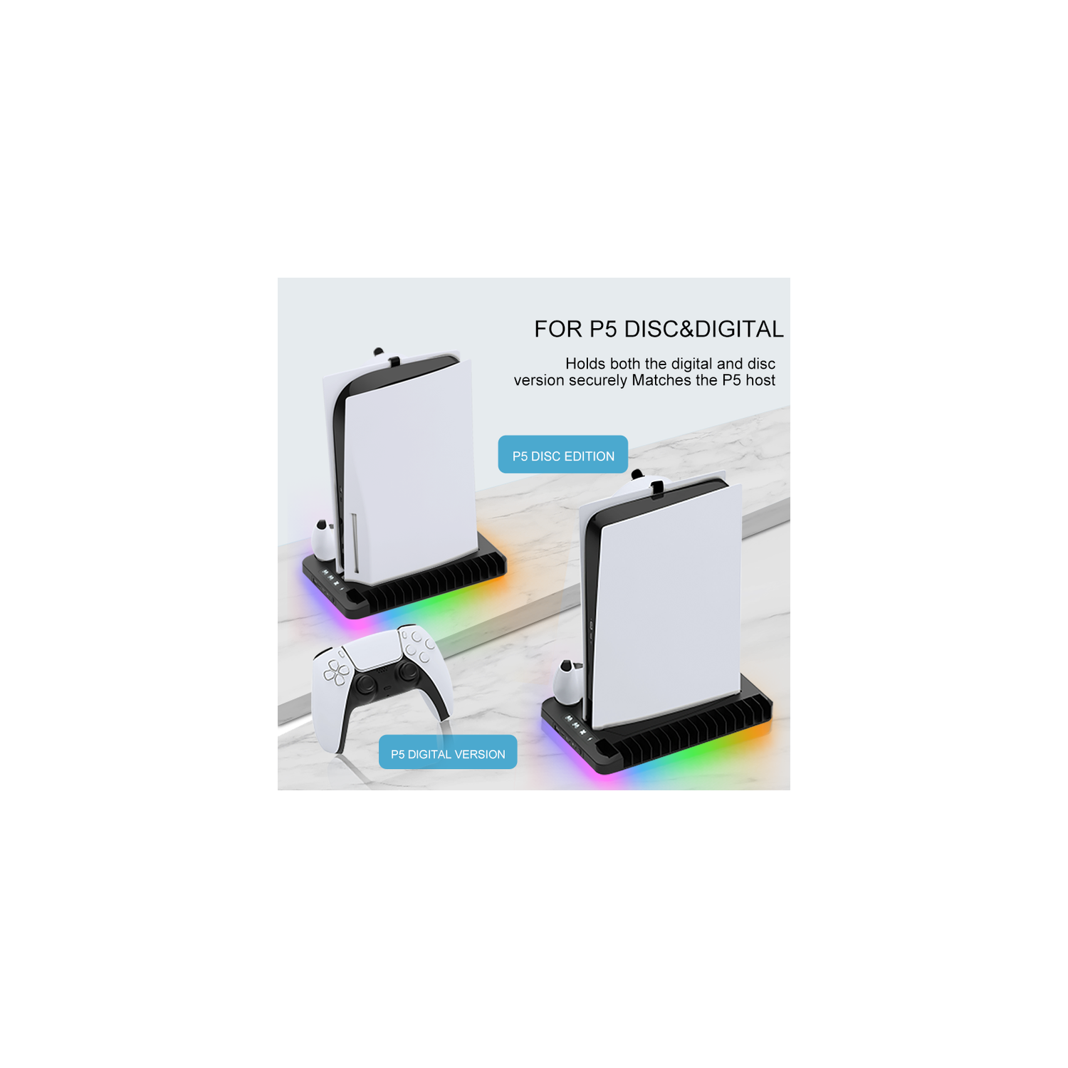 PS5 +slim Universal Cooling Base PS5 Controller Charging Stand Cooler Game Disc Headphone Storage Rack, Ultra-thin Console with RGB Lights - White