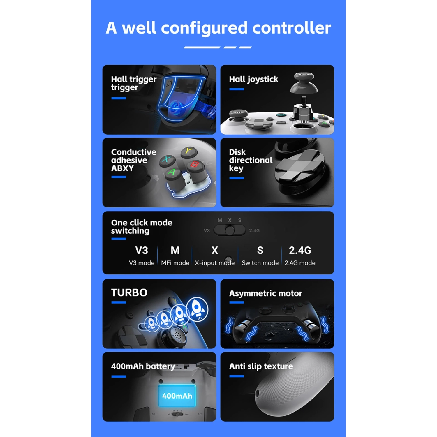 Nouveau contrôleur sans fil Bluetooth G6, bouton de retour à effet Hall double, vibration continue à 6 axes, prise en charge du commutateur,