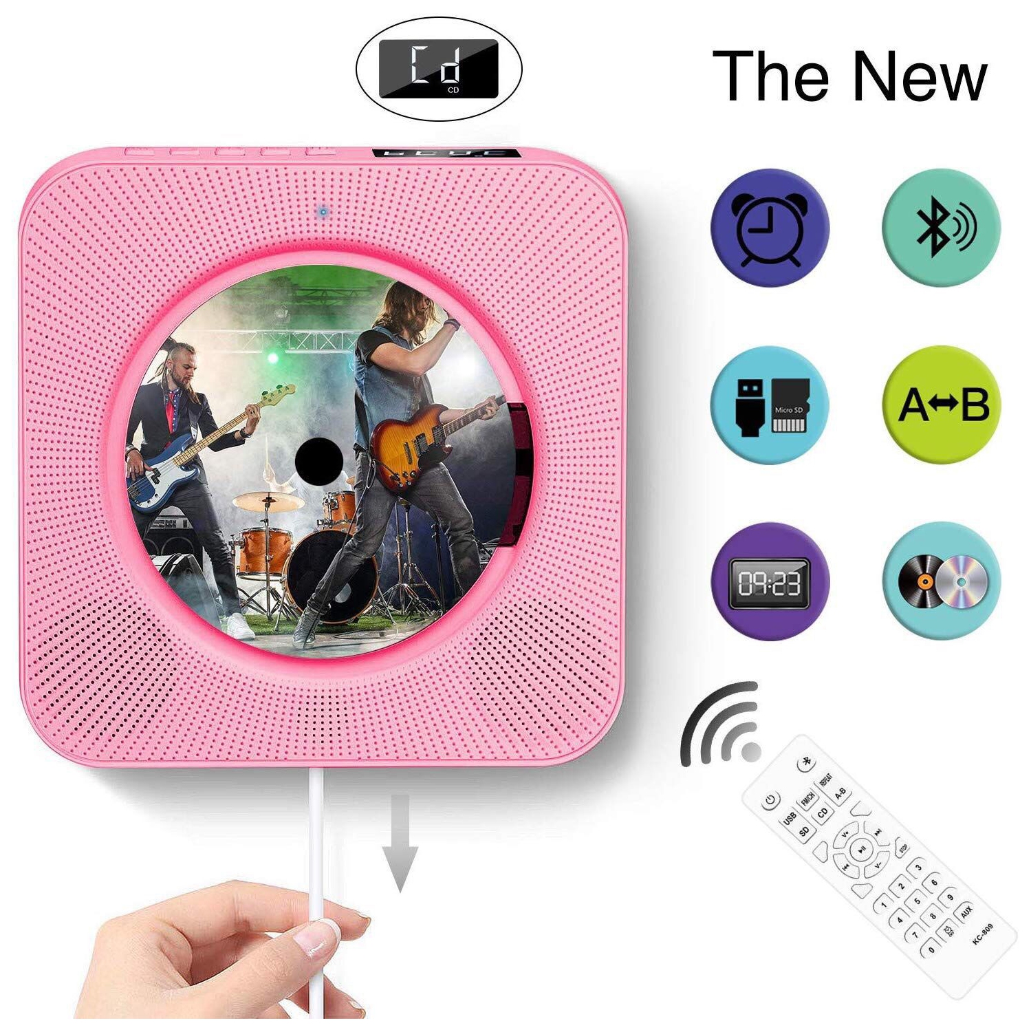 Wall-mounted CD player with screen Early prenatal education learning English repeat Bluetooth CD player Retro radio CD player - pink