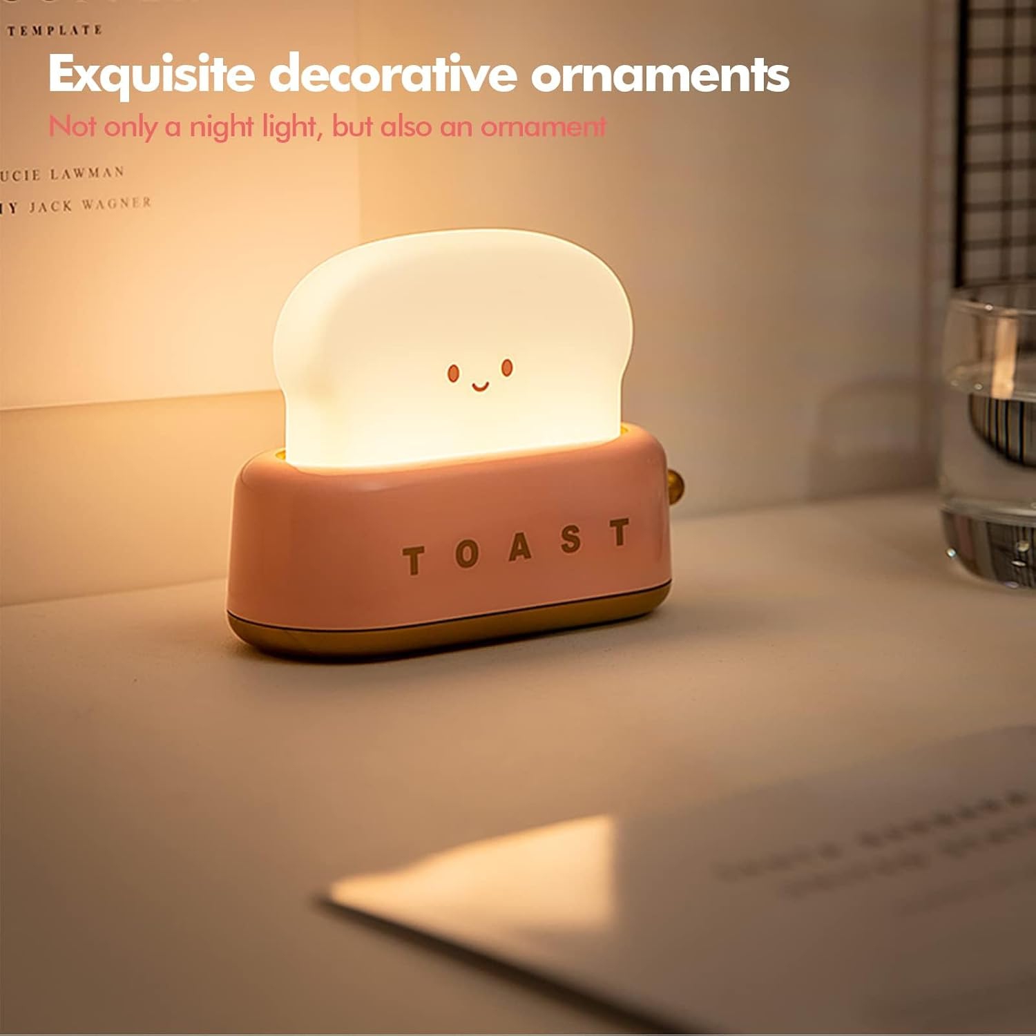 Cute Desktop Decorative Toaster Light, Adorable LED Toast Night Light Rechargeable Portable with Timer Light, Gift for Kids, Girls, Teens - pink
