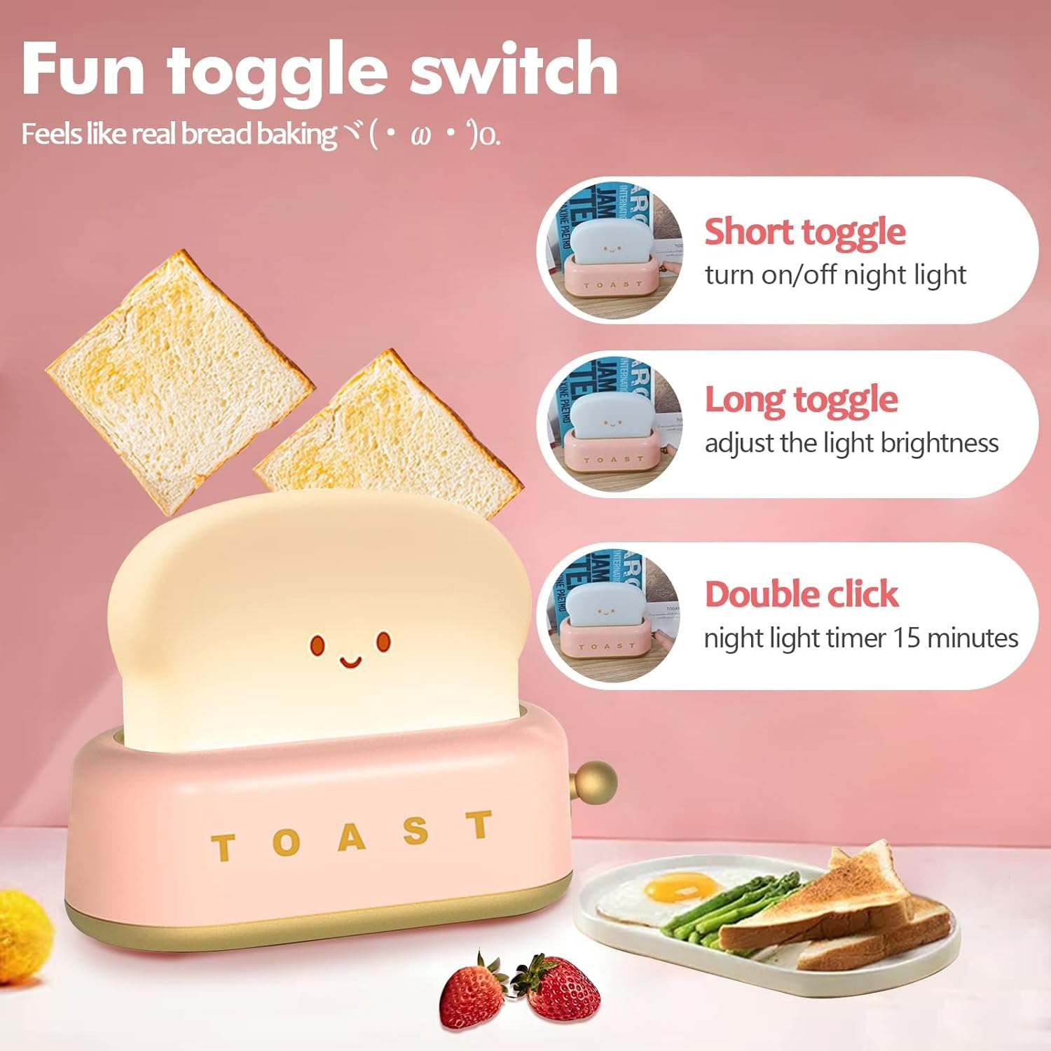 Cute Desktop Decorative Toaster Light, Adorable LED Toast Night Light Rechargeable Portable with Timer Light, Gift for Kids, Girls, Teens - pink