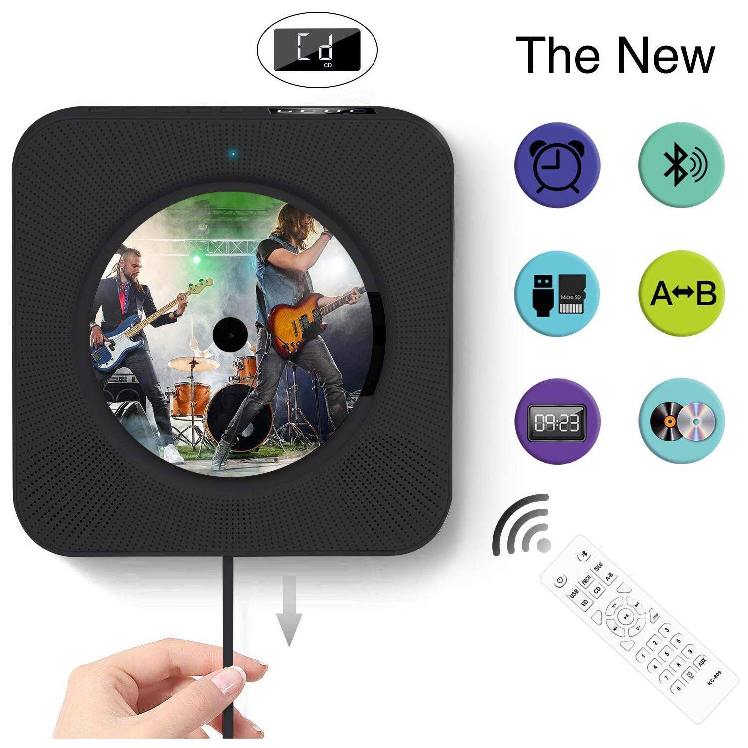 Wall-mounted CD player with screen Early prenatal education learning English repeat Bluetooth CD player Retro radio CD player - black