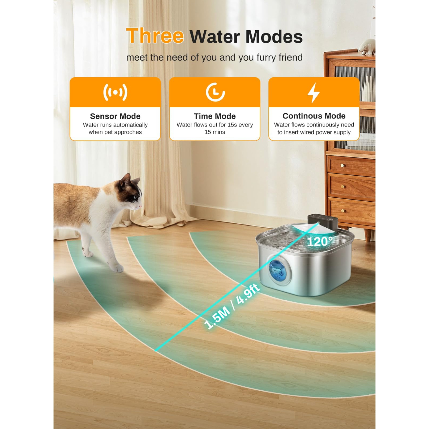 Wireless Cat Water Fountain, 4000mAh Battery Operated, 3.2L/108oz Cordless Automatic Stainless Steel Pet Fountain with Motion Sensor