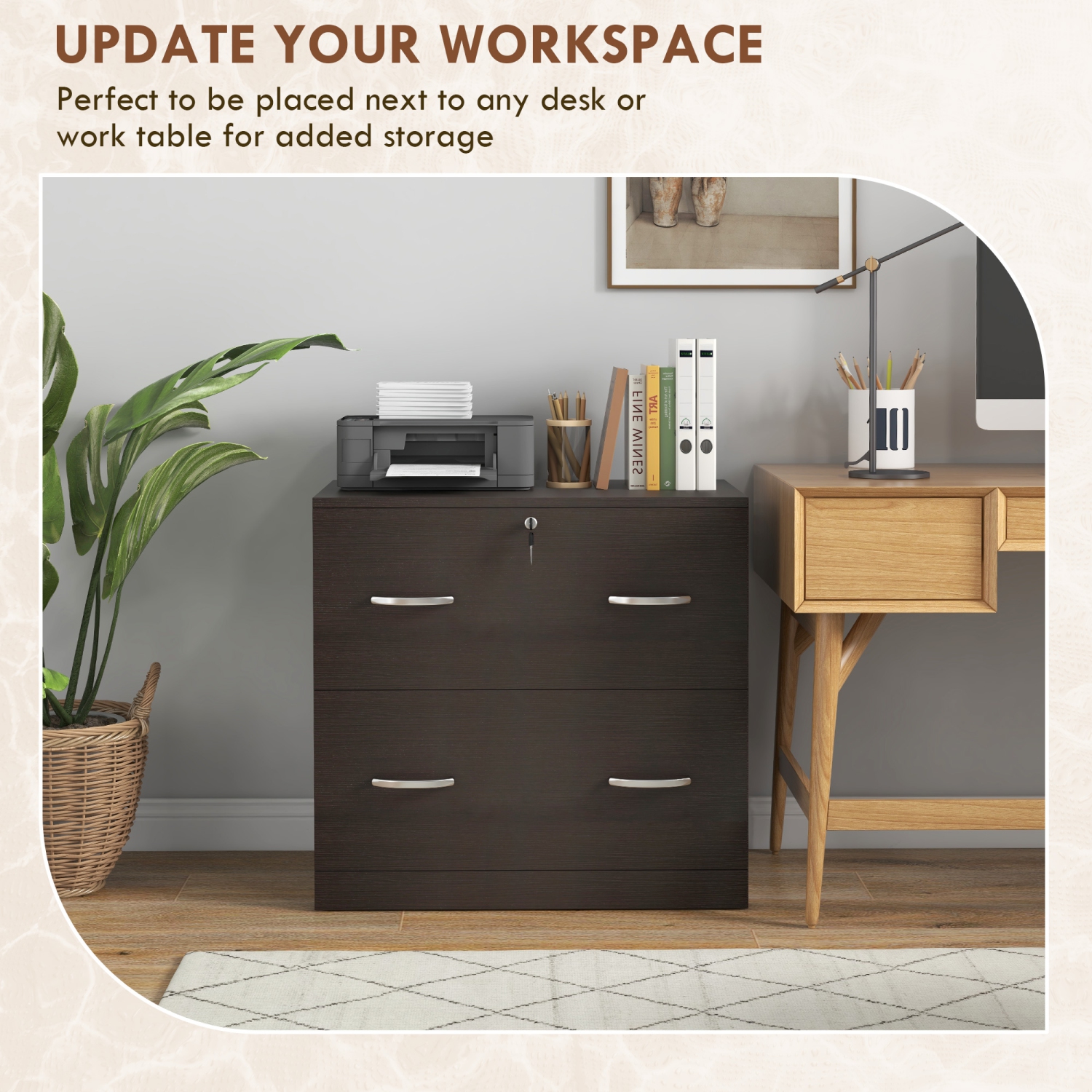 Kepooman Secure Vertical File - 2 Locking Drawers with Hanging Rails for A4 Home Office Document Organization, Espresso