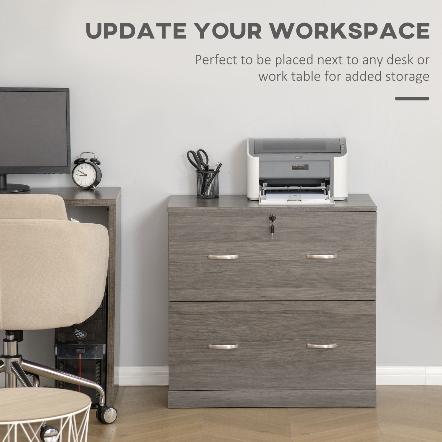 Kepooman Secure Vertical File - 2 Locking Drawers with Hanging Rails for A4 Home Office Documents Organization, Grey