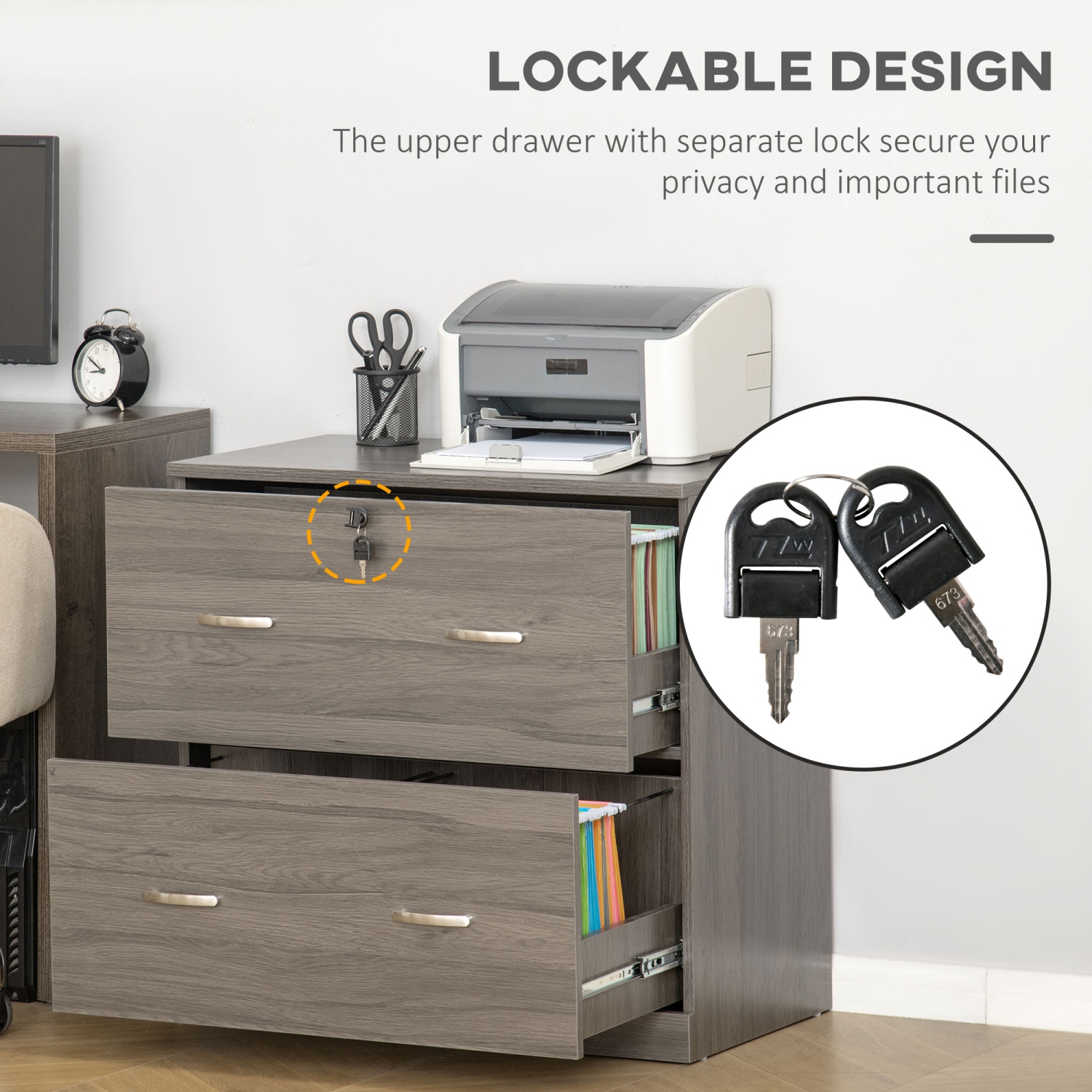 Kepooman Secure Vertical File - 2 Locking Drawers with Hanging Rails for A4 Home Office Documents Organization, Grey