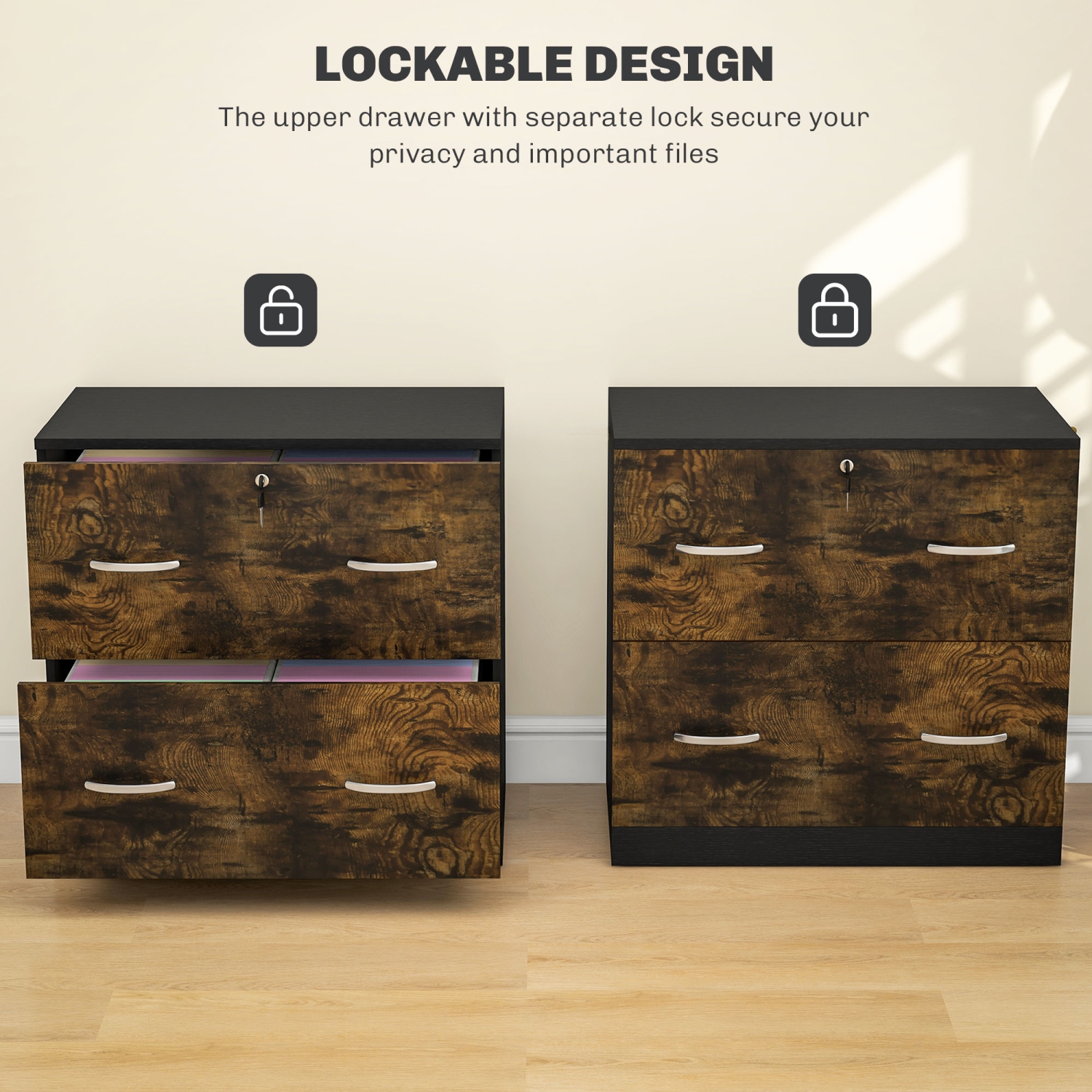 Kepooman 2 Drawer File Cabinet with Lock, Office Filing Cabinet, Hanging Bar for Letter Size, Home Office, Rustic Brown