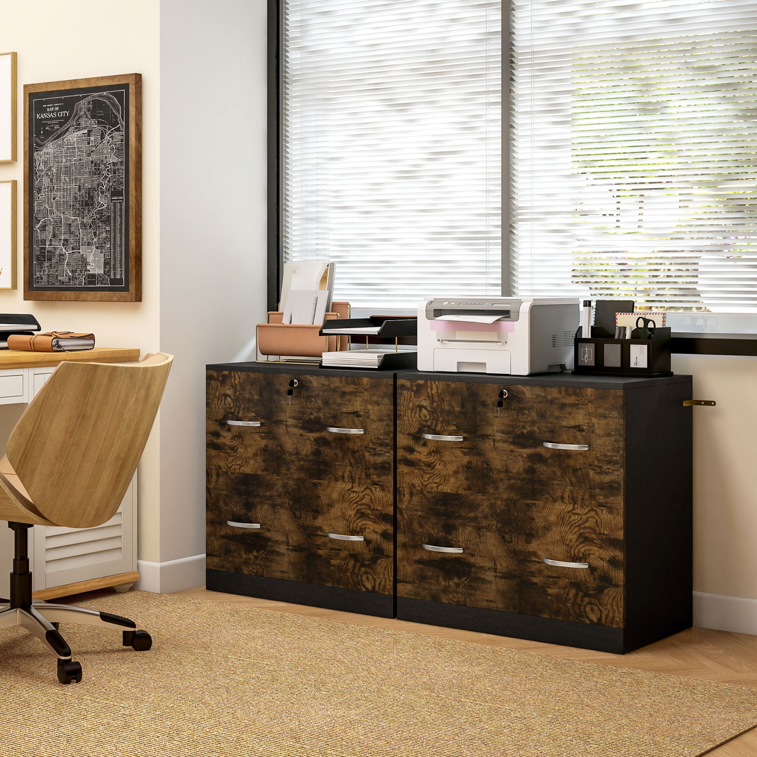 Kepooman 2 Drawer File Cabinet with Lock, Office Filing Cabinet, Hanging Bar for Letter Size, Home Office, Rustic Brown