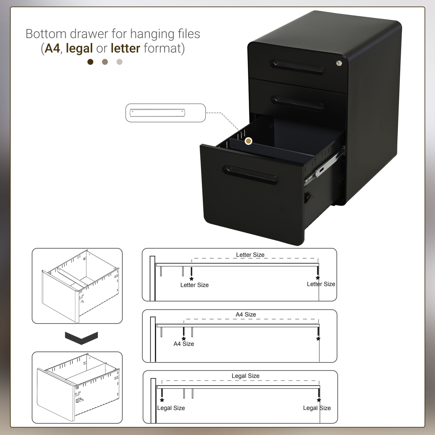 Kepooman Lockable File Cabinet Steel on Wheels for Legal A4 Letter Size Home Office Black