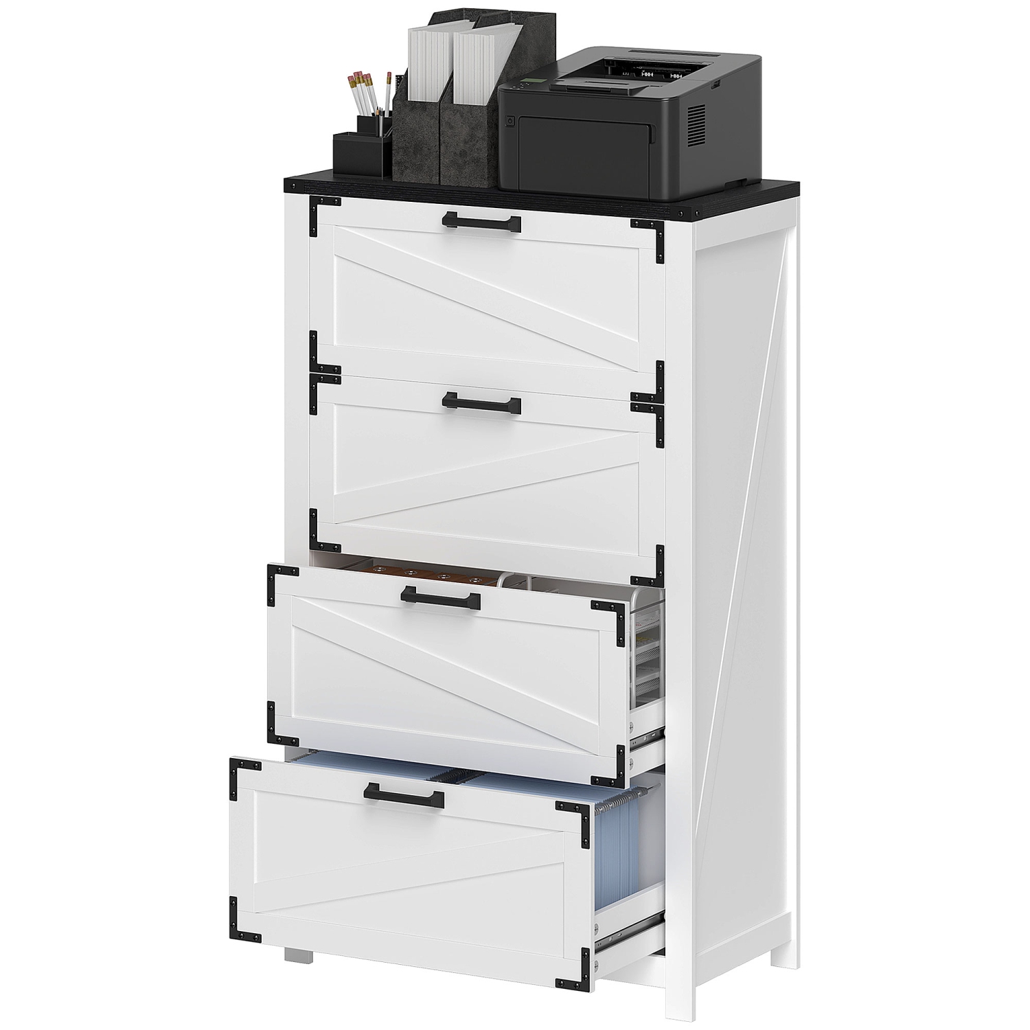 Kepooman 4 Drawer Filing Cabinet, Farmhouse Office Storage Cabinet with Adjustable Hanging Bars for Letter, A4, Legal Size, White