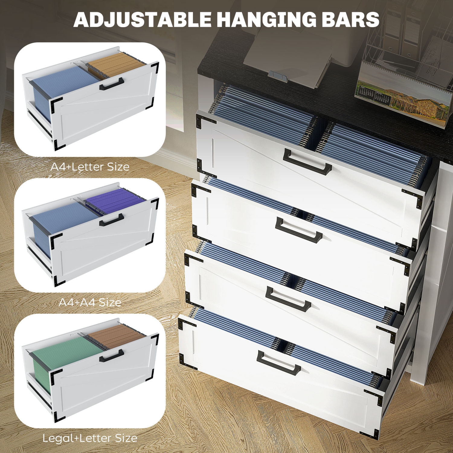 Kepooman 4 Drawer Filing Cabinet, Farmhouse Office Storage Cabinet with Adjustable Hanging Bars for Letter, A4, Legal Size, White