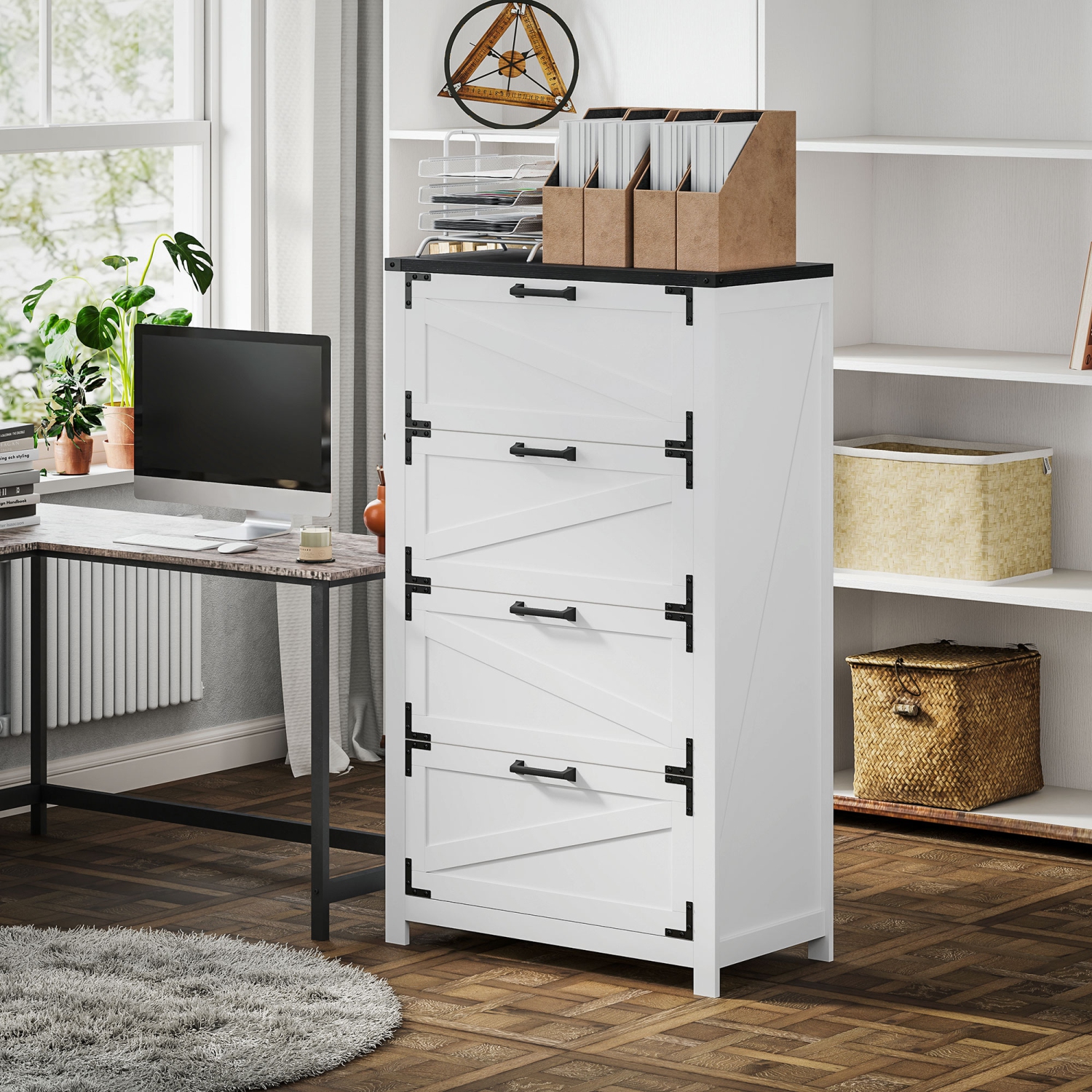 Kepooman 4 Drawer Filing Cabinet, Farmhouse Office Storage Cabinet with Adjustable Hanging Bars for Letter, A4, Legal Size, White