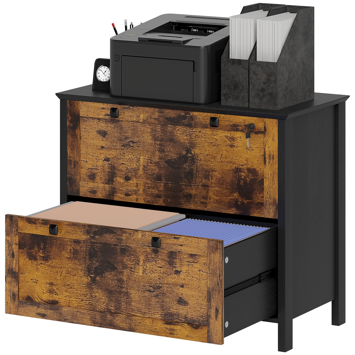 Kepooman 2 Drawer File Cabinet, Lockable Filing Cabinet with Adjustable Hanging Bar for Letter, A4 Size, Rustic Brown