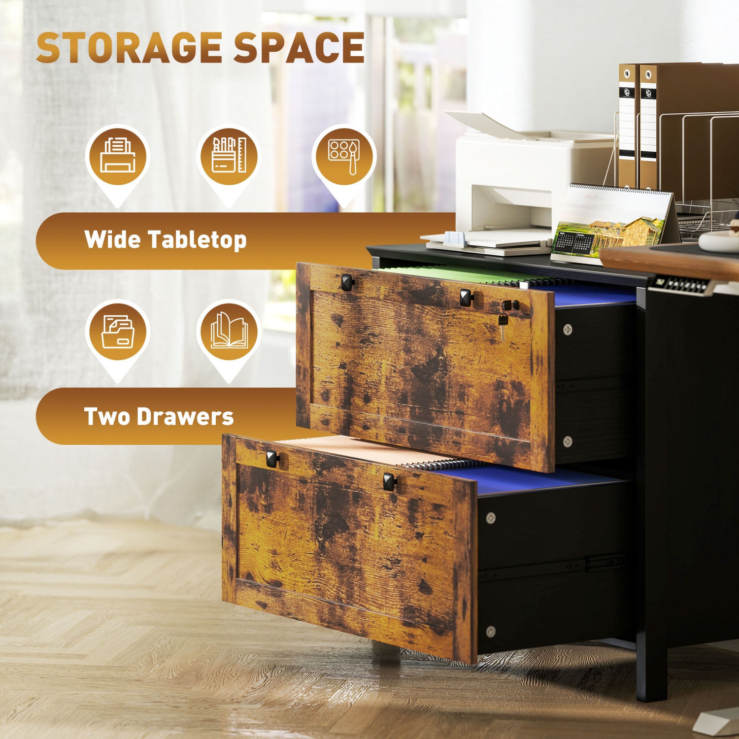 Kepooman 2 Drawer File Cabinet, Lockable Filing Cabinet with Adjustable Hanging Bar for Letter, A4 Size, Rustic Brown