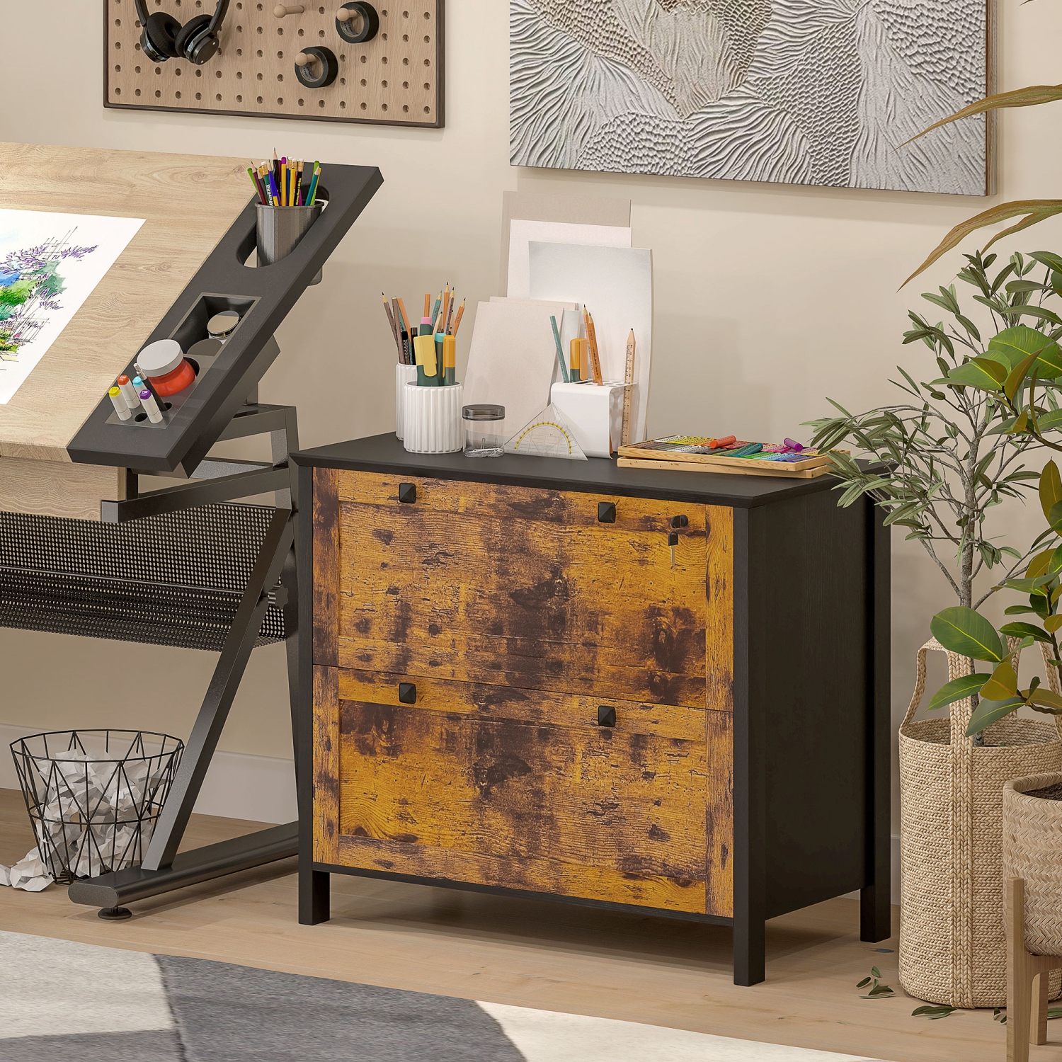 Kepooman 2 Drawer File Cabinet, Lockable Filing Cabinet with Adjustable Hanging Bar for Letter, A4 Size, Rustic Brown