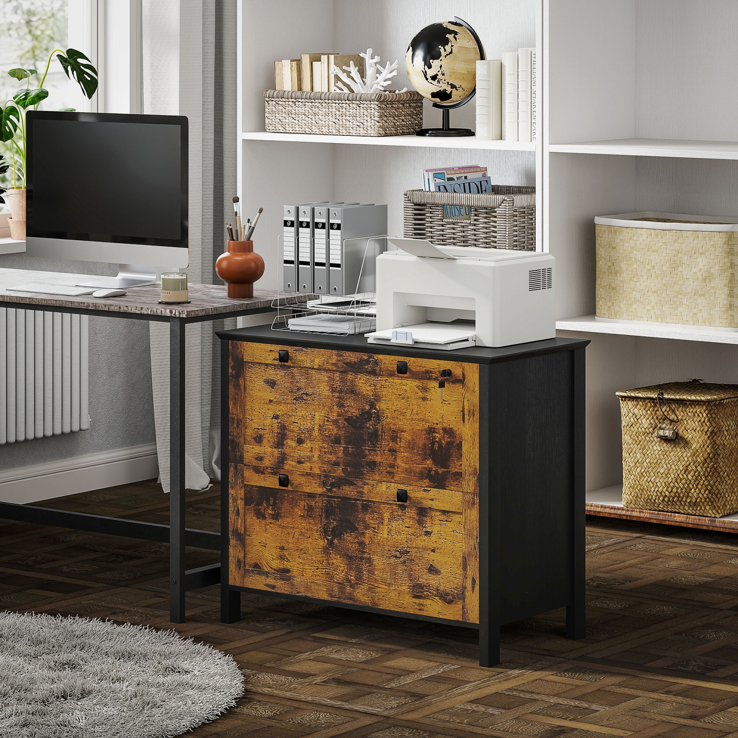 Kepooman 2 Drawer File Cabinet, Lockable Filing Cabinet with Adjustable Hanging Bar for Letter, A4 Size, Rustic Brown