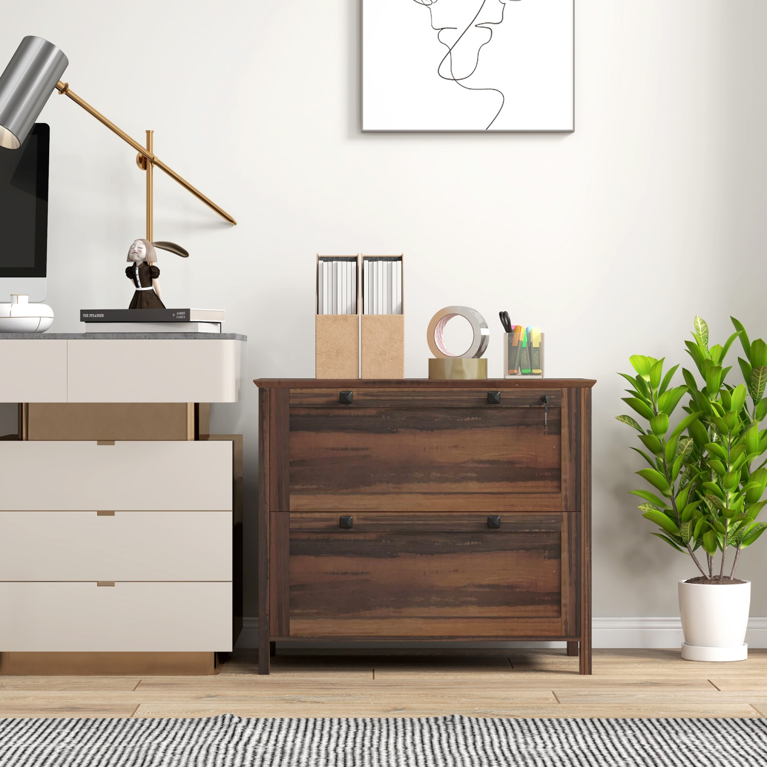 Kepooman 2 Drawer File Cabinet, Lockable Filing Cabinet with Adjustable Hanging Bar for Letter, A4 and Legal Size, Brown