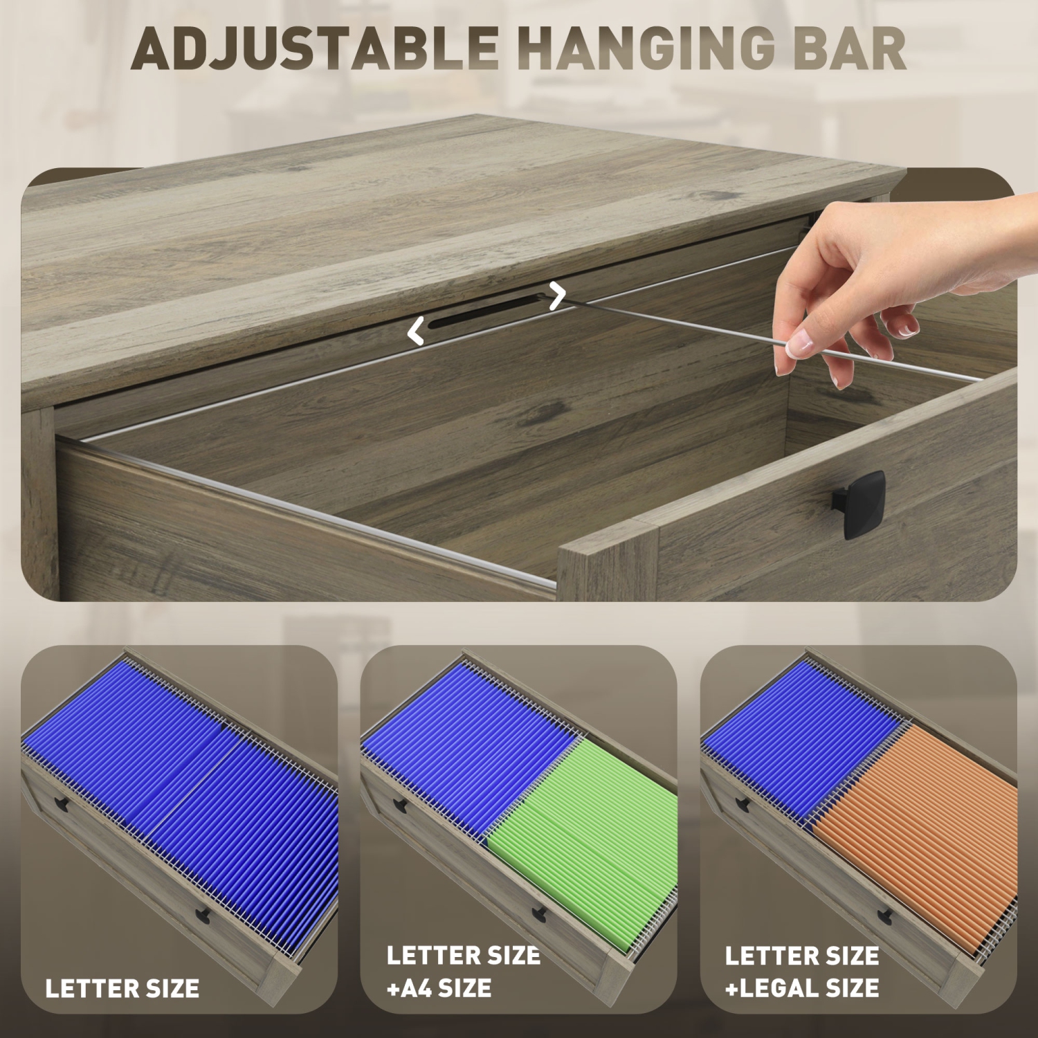 Kepooman 2 Drawer File Cabinet, Lockable Filing Cabinet with Adjustable Hanging Bar for Letter, A4 Size, Weathered Grey Oak