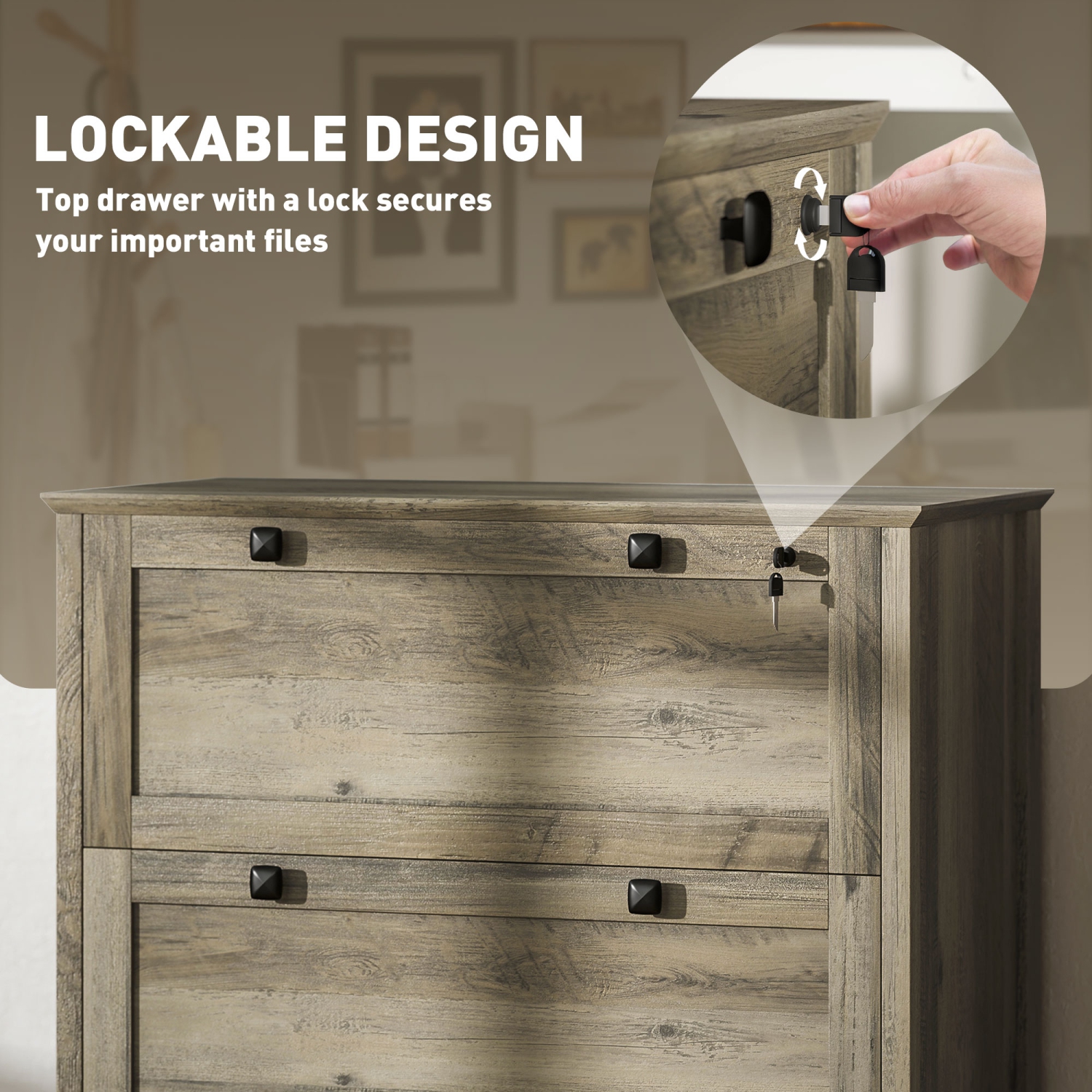 Kepooman 2 Drawer File Cabinet, Lockable Filing Cabinet with Adjustable Hanging Bar for Letter, A4 Size, Weathered Grey Oak