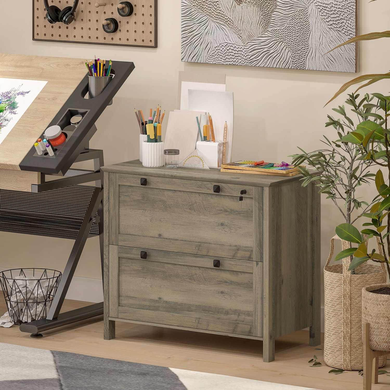 Kepooman 2 Drawer File Cabinet, Lockable Filing Cabinet with Adjustable Hanging Bar for Letter, A4 Size, Weathered Grey Oak
