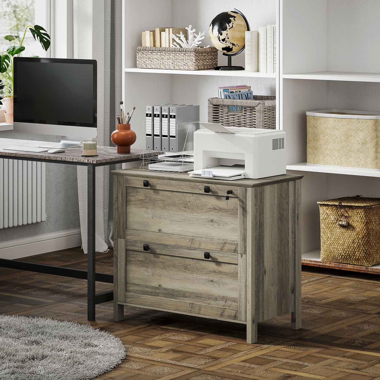 Kepooman 2 Drawer File Cabinet, Lockable Filing Cabinet with Adjustable Hanging Bar for Letter, A4 Size, Weathered Grey Oak